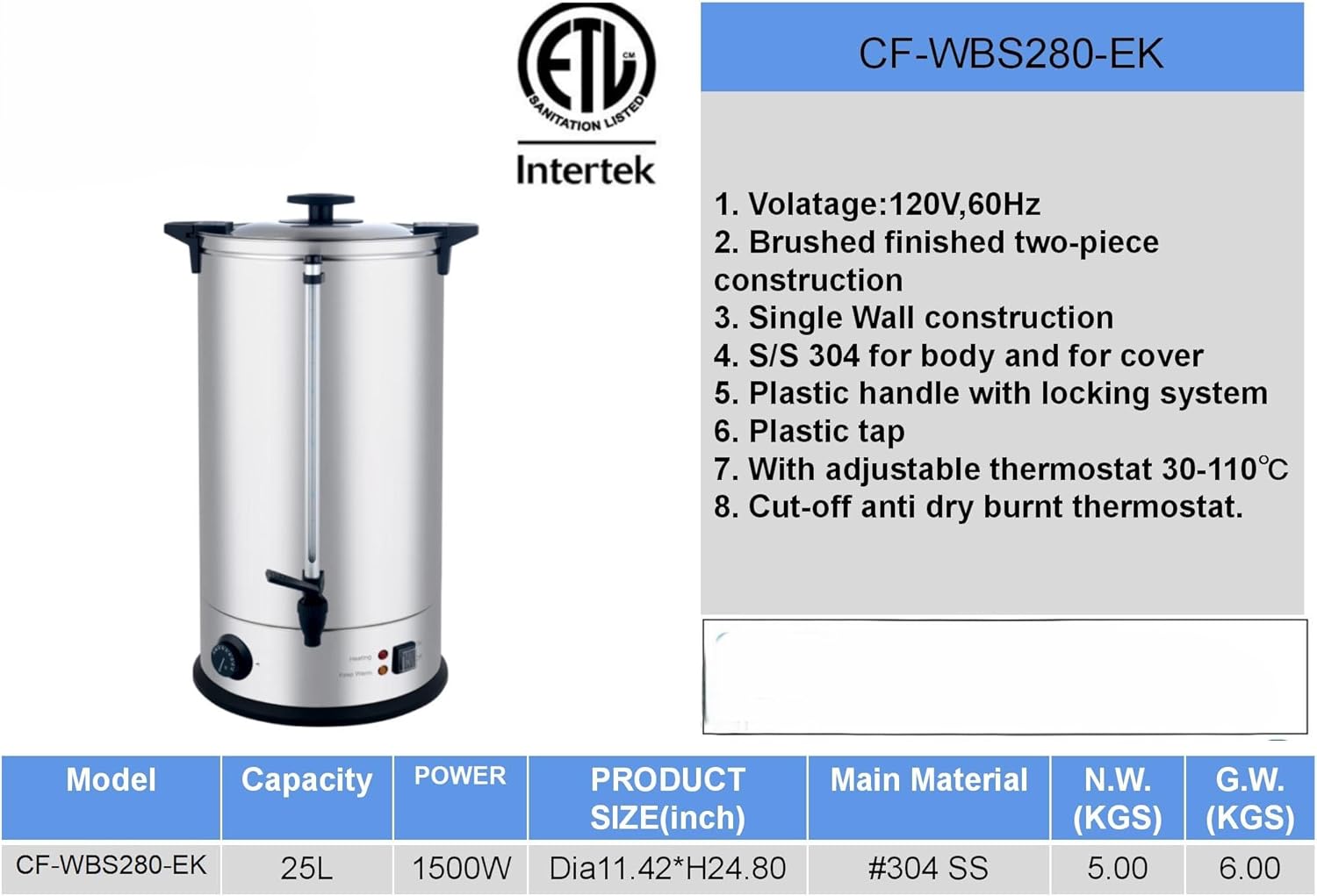 Commercial Electric Water Boiler, 25L Capacity, 1500W, Stainless Steel, Adjustable Thermostat 30-110°C CF-WBS280-EK