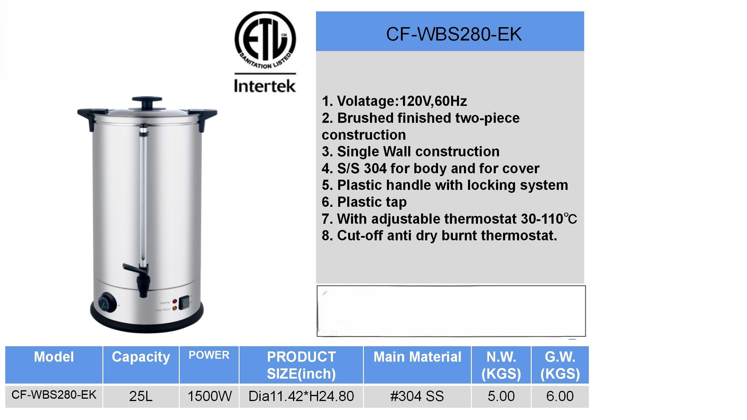 Commercial Electric Water Boiler, 25L Capacity, 1500W, Stainless Steel, Adjustable Thermostat 30-110°C CF-WBS280-EK