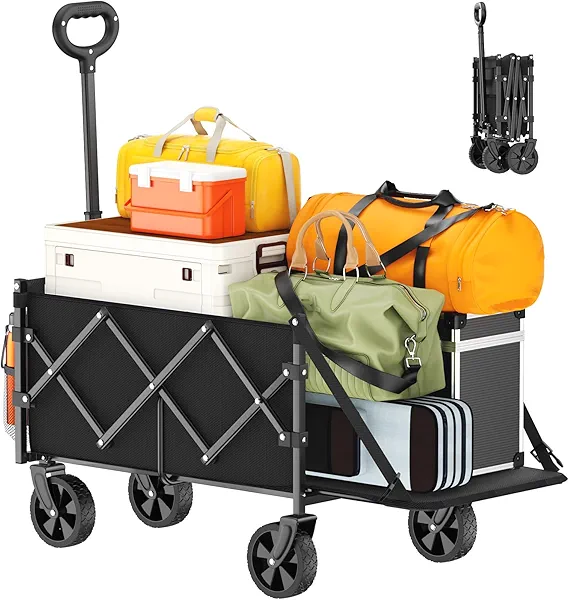 Geamen Foldable Wagon with Extended Tailgate: Collapsible Large Capacity Folding Wagon - Heavy Duty Utility Carts for Shopping,Garden,Sports,Groceries,Apartment,Camping,Outdoor - Black