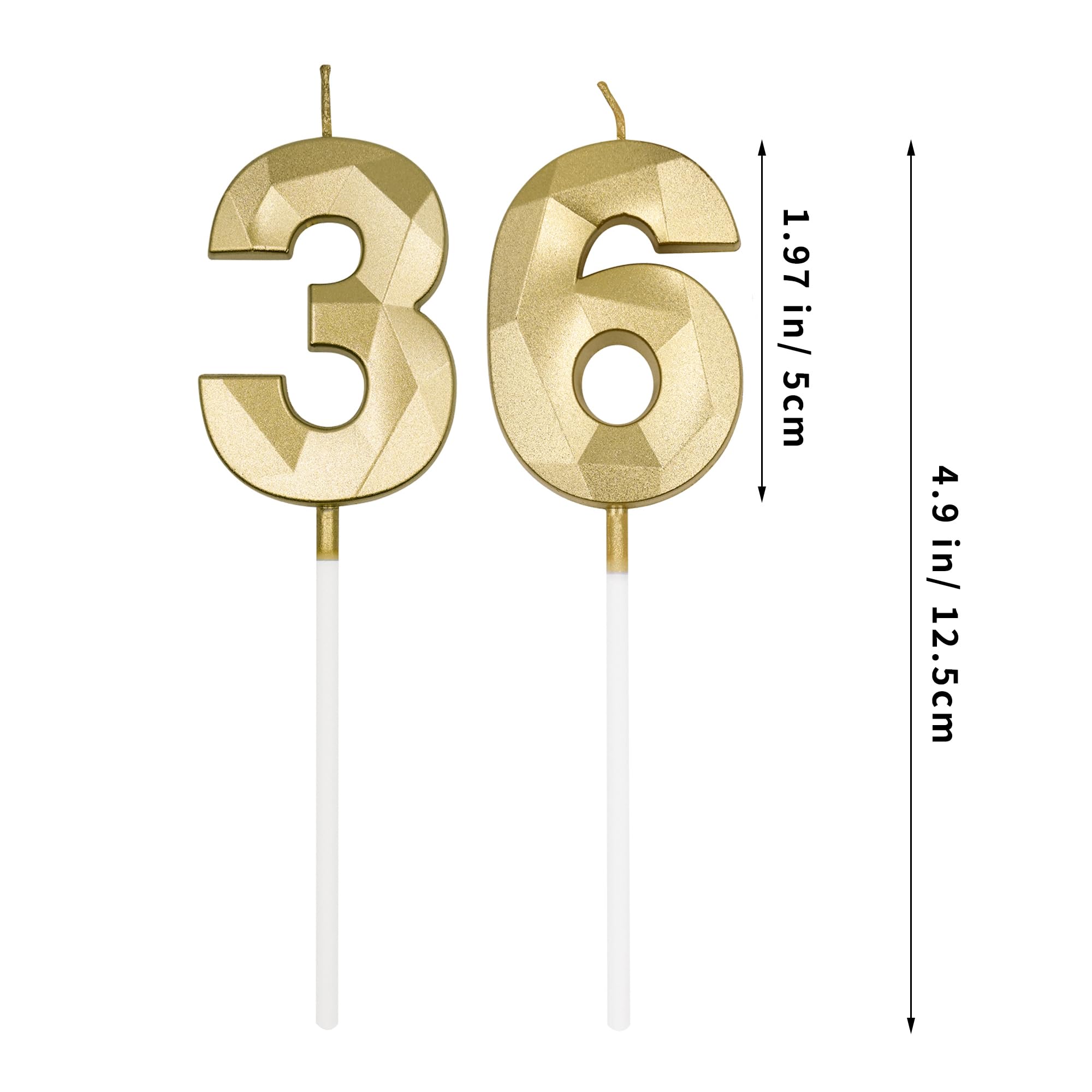 36. & 63. Geburtstag Kerzen für Kuchen, Gold Zahl 36 63 3D Diamantform Kerze Geburtstag Dekorationen Party Supplies für Frauen oder Männer