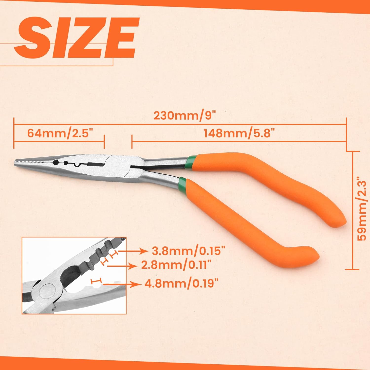 9 Inch Long Nose Pliers with Crimper, Wire Cutter and Serrated Jaw, Offset Pistol Grip, Ideal for Fishing and Tight Spaces