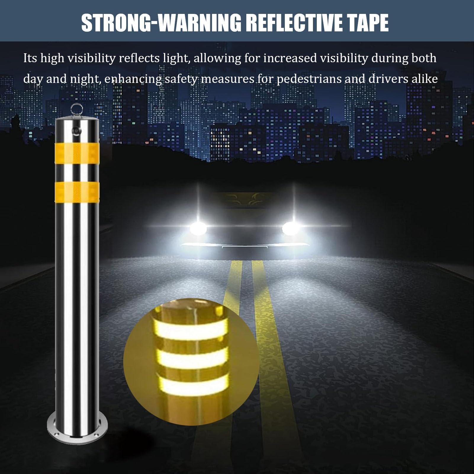 Poste De Bolardo De Seguridad De Control De Tráfico Extraíble Bolardo De Estacionamiento De Acero Inoxidable Bloqueable Con Tiras Reflectantes(60cm/23.7in)