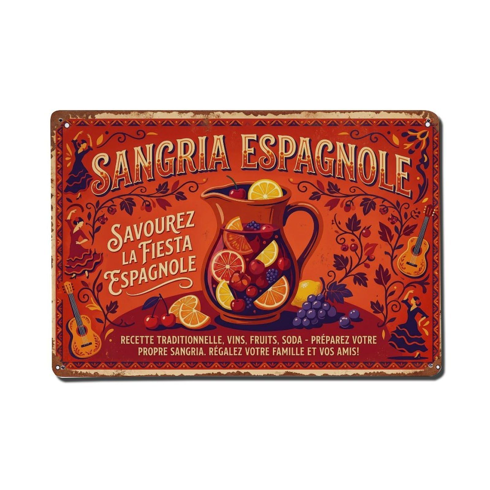 Sangria Outdoor Patio Metal Tin Sign Plaque Wall Decor for Cafe, Club Bar, Office, Home Garden Metal Poster 8x12Inch