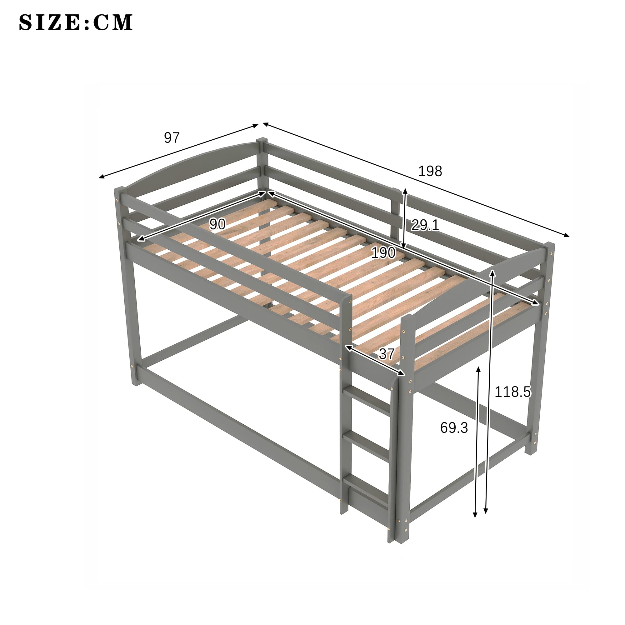Cama Alta Individual con Escalera integrada y barandilla de Seguridad. Diseño Que Ahorra Espacio (Gris).