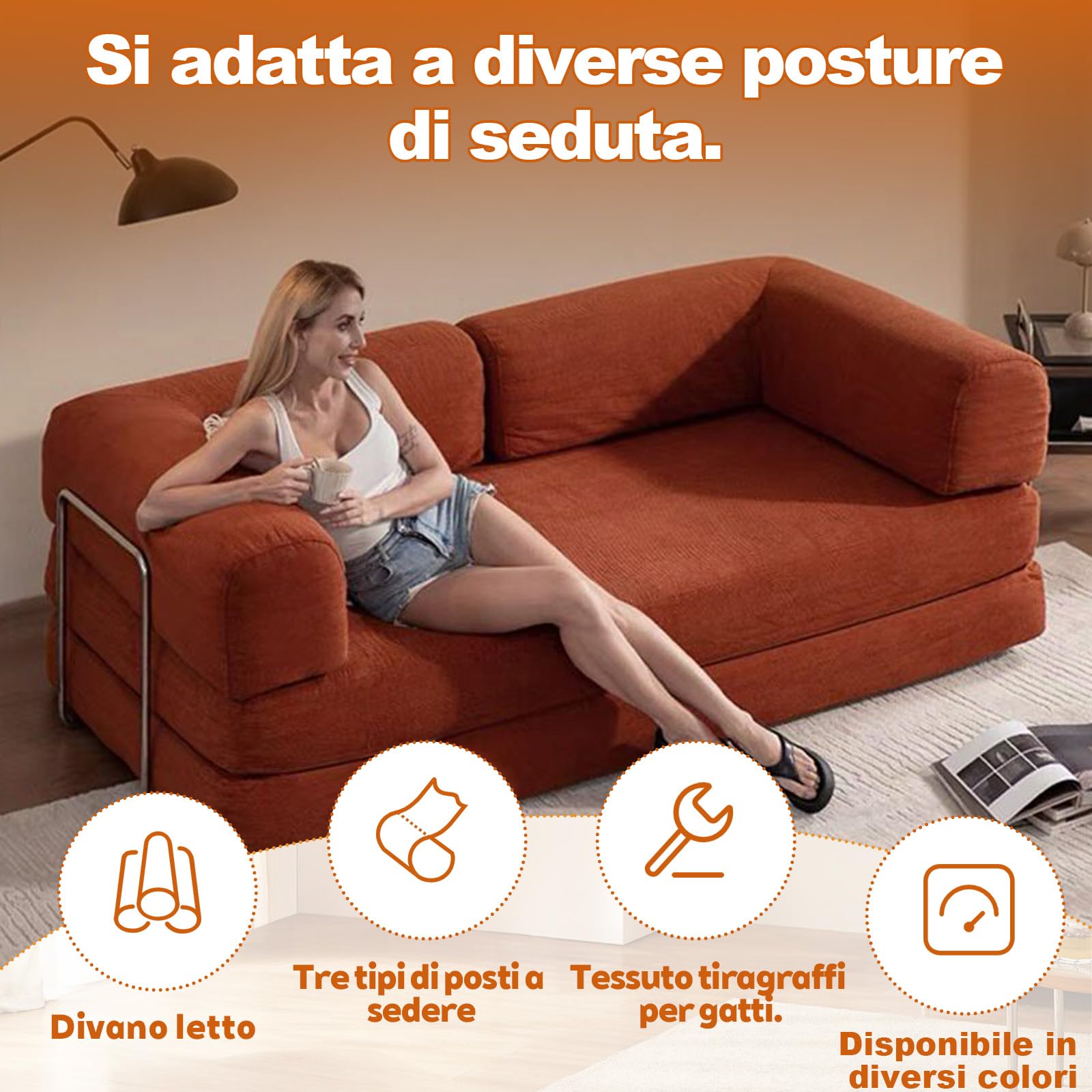 Divano da pavimento con funzione di sonno, divano a 3 posti, pieghevole, moderno divano pieghevole per soggiorno, camera da letto 220cm