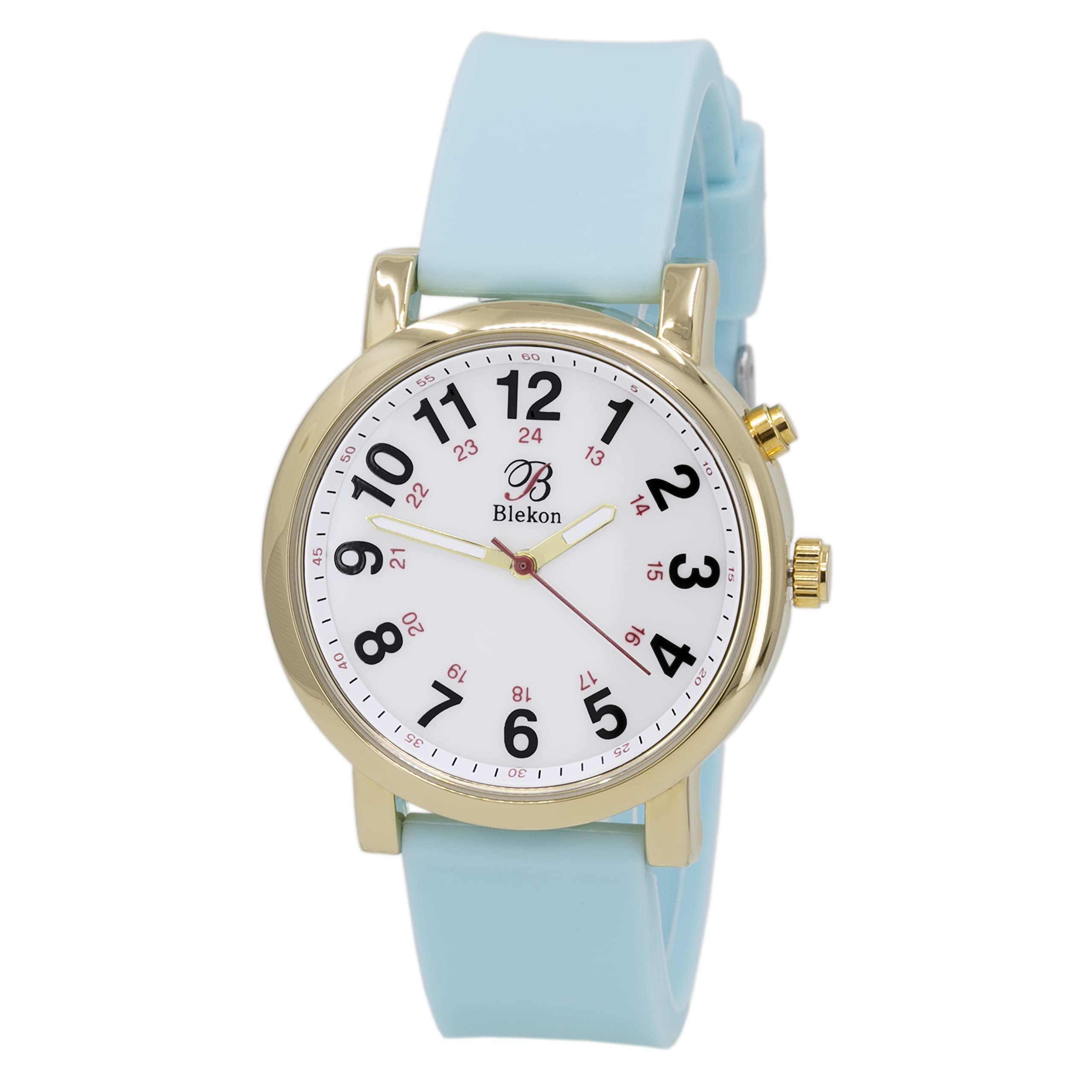 Blekon Original Light Up Dial Nurse Watch – Various Medical Scrub Colors, Easy to Read, Military Time with Second Hand, Silicone Band, Water Resistant Watch Gold LIGHTBLUE