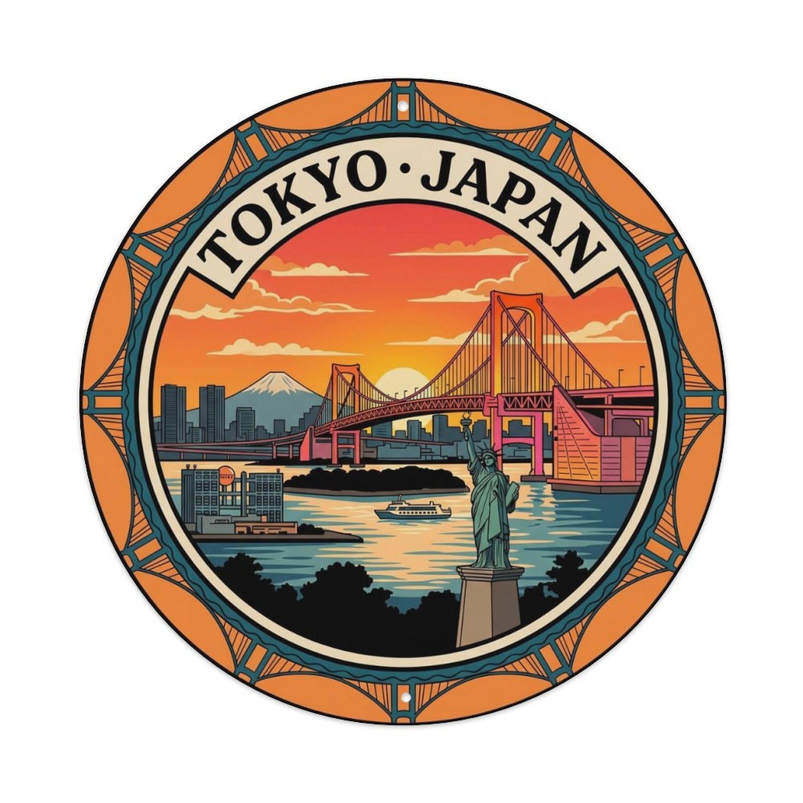 Okahys 8X8inch Classic Style Tokyo Odaiba Rainbow Bridge Tangerine Coastal Route Metal Tin Sign