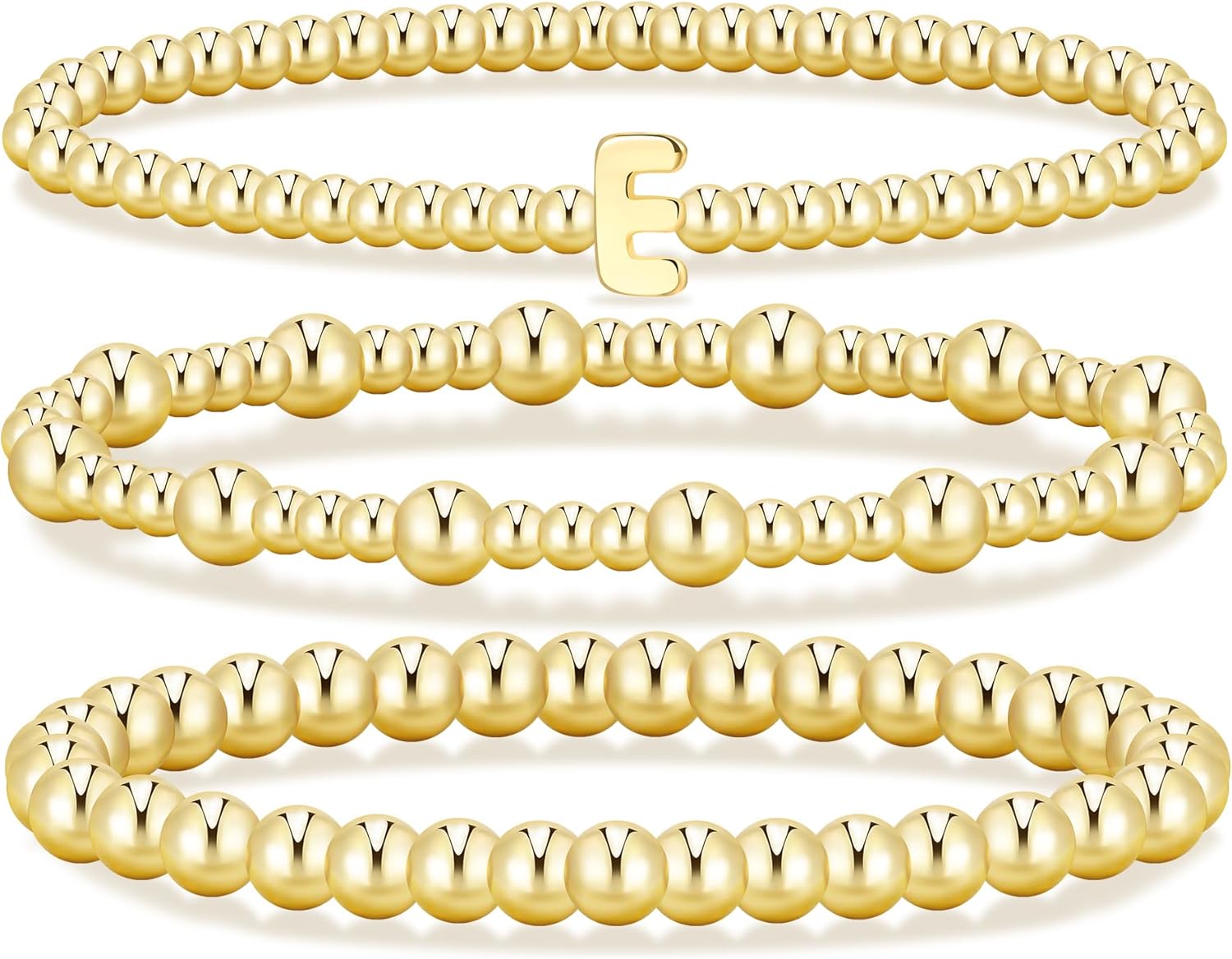 Gold Initial Bracelets for Women, 14K Gold Plated Beaded Bracelets Gold Stretch Bead Ball Bracelet stack Set Adjustable Bracelet Set Jewelry for Gifts (E, 7)