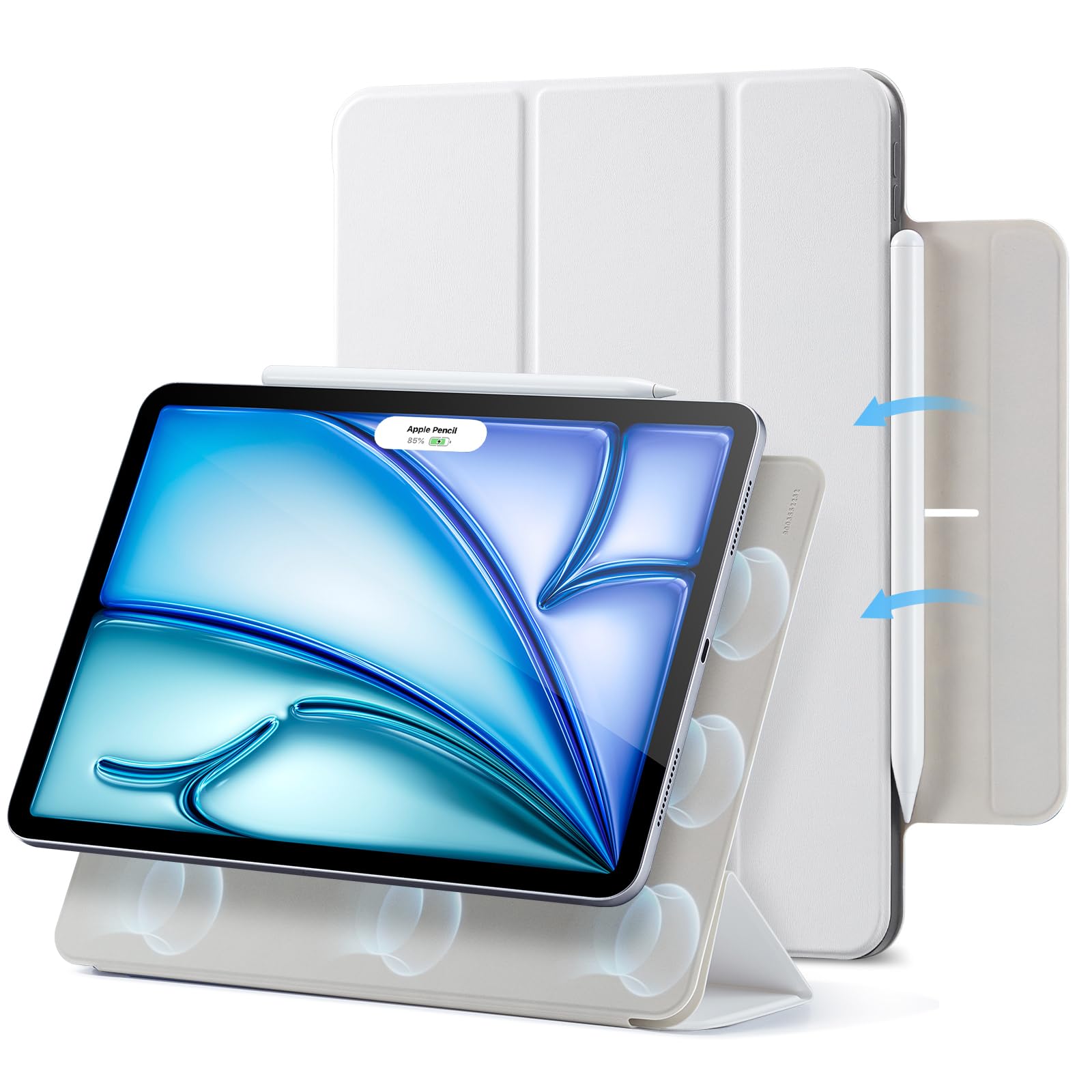 ESR iPad Air 11インチ ケース (M3/M2、2025/2024) iPad Air 第5/4世代 (2022/2020) iPad Pro 11インチ (2018) 専用カバー 強力マグネット吸着式 スリムな三つ折りスタンドケース Pencil Pro/USB-C完全対応 自動ウェイク/スリープ 耐久性保護 Reboundシリーズ ホワイト