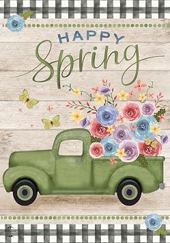 Happy Spring Pickup Truck Floral House Flag 28 x 40 Briarwood Lane
