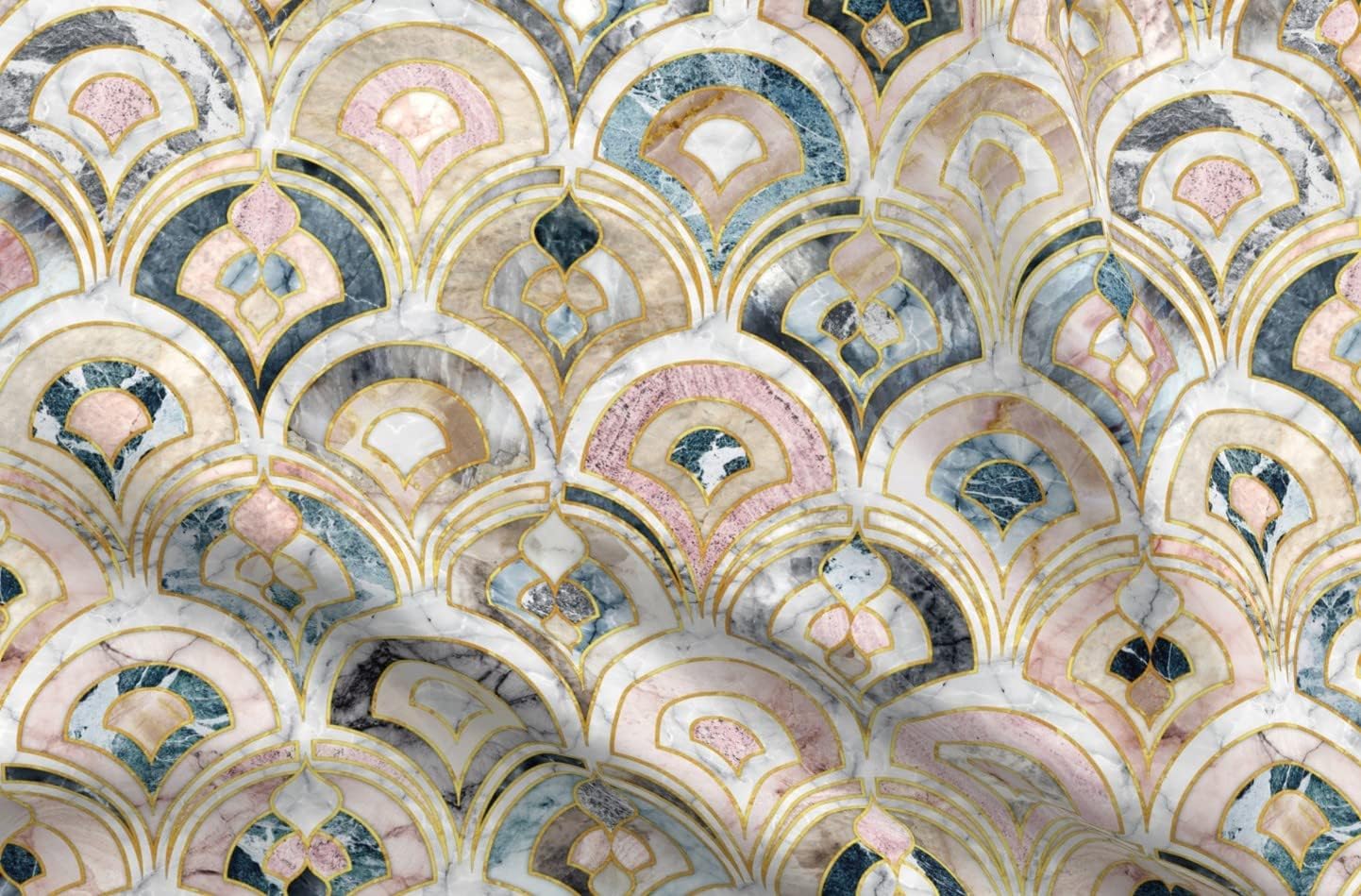 Spoonflower Fabric - Art Deco Marble Look Scallop Art Nouveau Gold Retro Elegant Large Printed on Petal Signature Cotton Fabric Fat Quarter - Sewing Quilting Apparel Crafts Decor