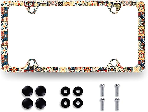 Marco de matrícula con patrón de azulejos mexicanos, soporte para placa de matrícula de mandala bohemio para etiquetas delanteras y traseras de