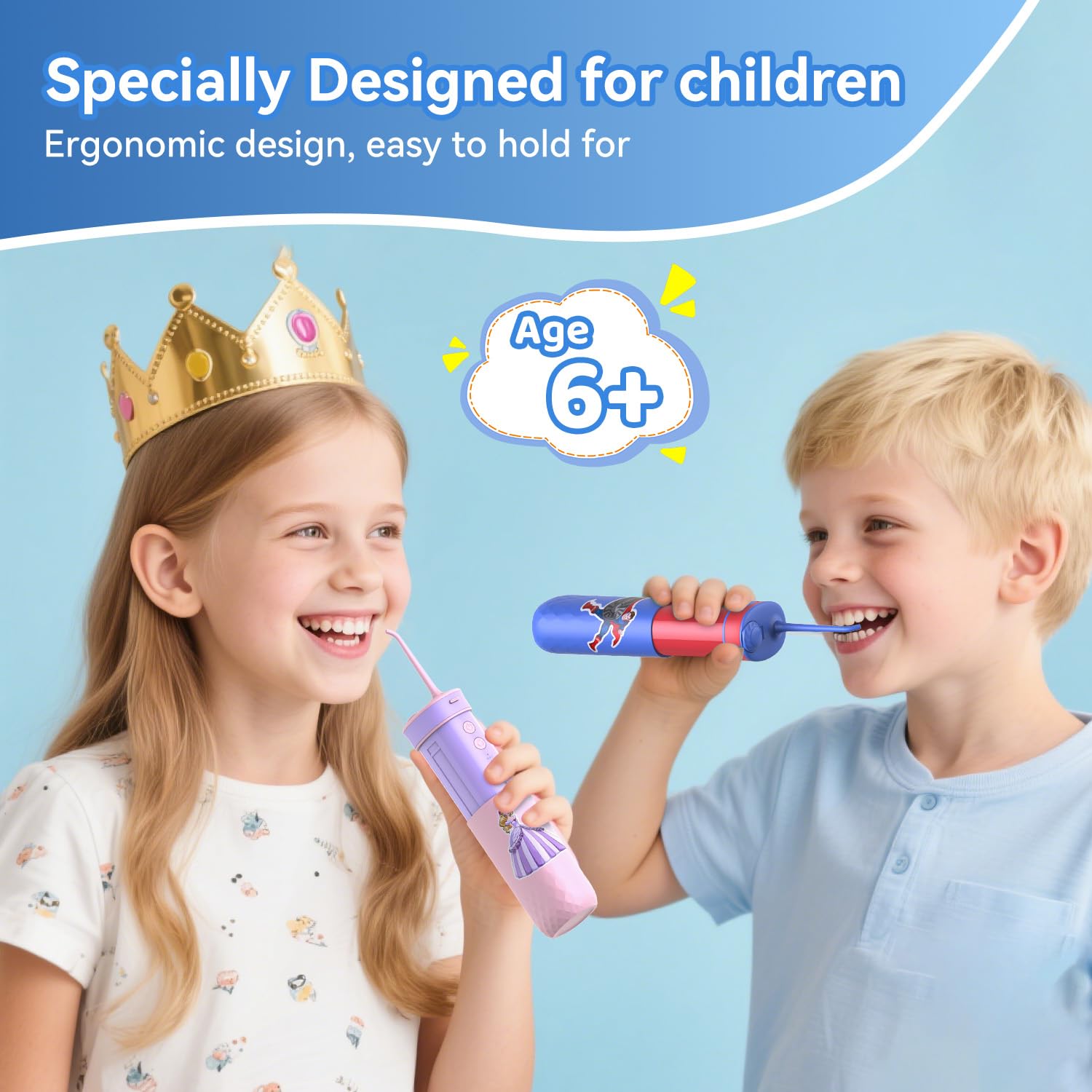 JTF Hydropulseur dentaire pour enfants : Irrigateur buccal portable rechargeable avec 4 modes de fil dentaire, réservoir de 230 ml, 4 embouts de sac de voyage, autocollants étanches, fils dentaires