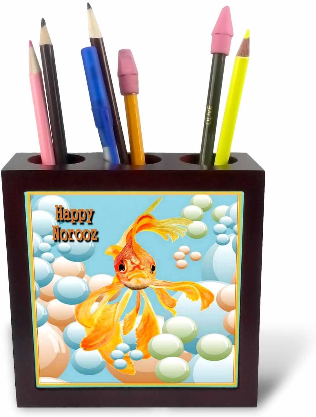 3dRose ph_48481_1 Happy Norooz-Nowrooz, Iranian New Year, Persian New Year, March 21, Goldfish, Fantail-Tile Pen Holder, 5-Inch