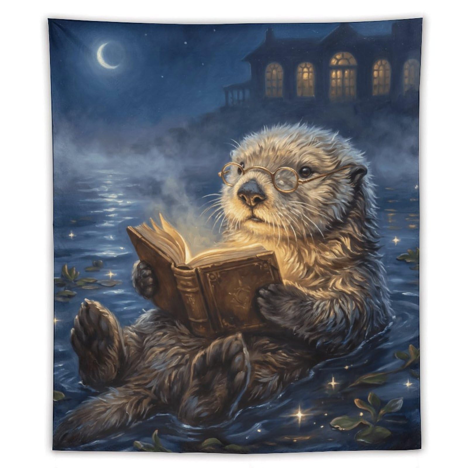 W7C8U2X3 Moonlit Reading Otter Wall Tapestry, Warm Water Mood