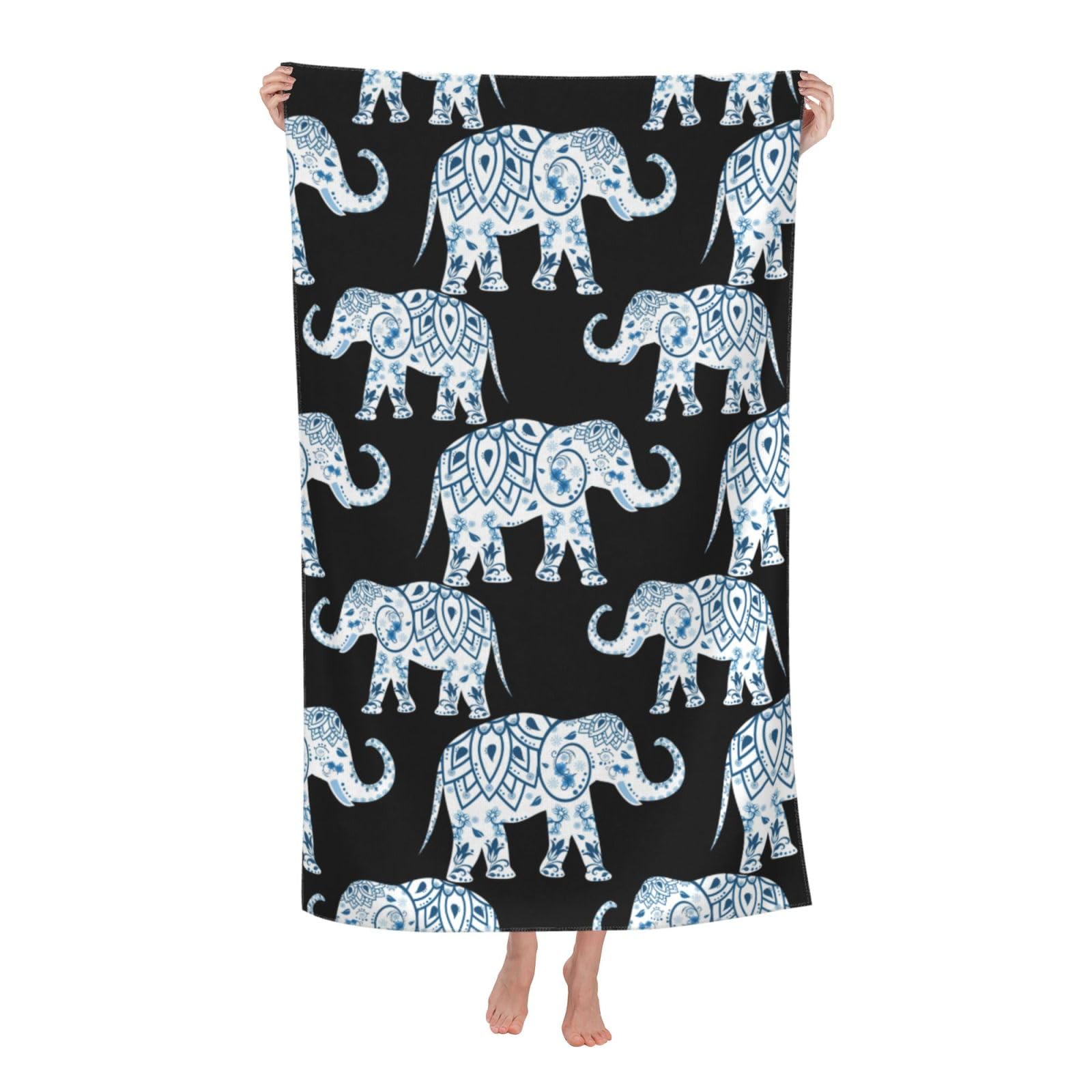 Cbaaghh Elephant-Blue Black Print Adult Beach Towels,Beach & Pool Towel,Beach Towels,Towels For Camping