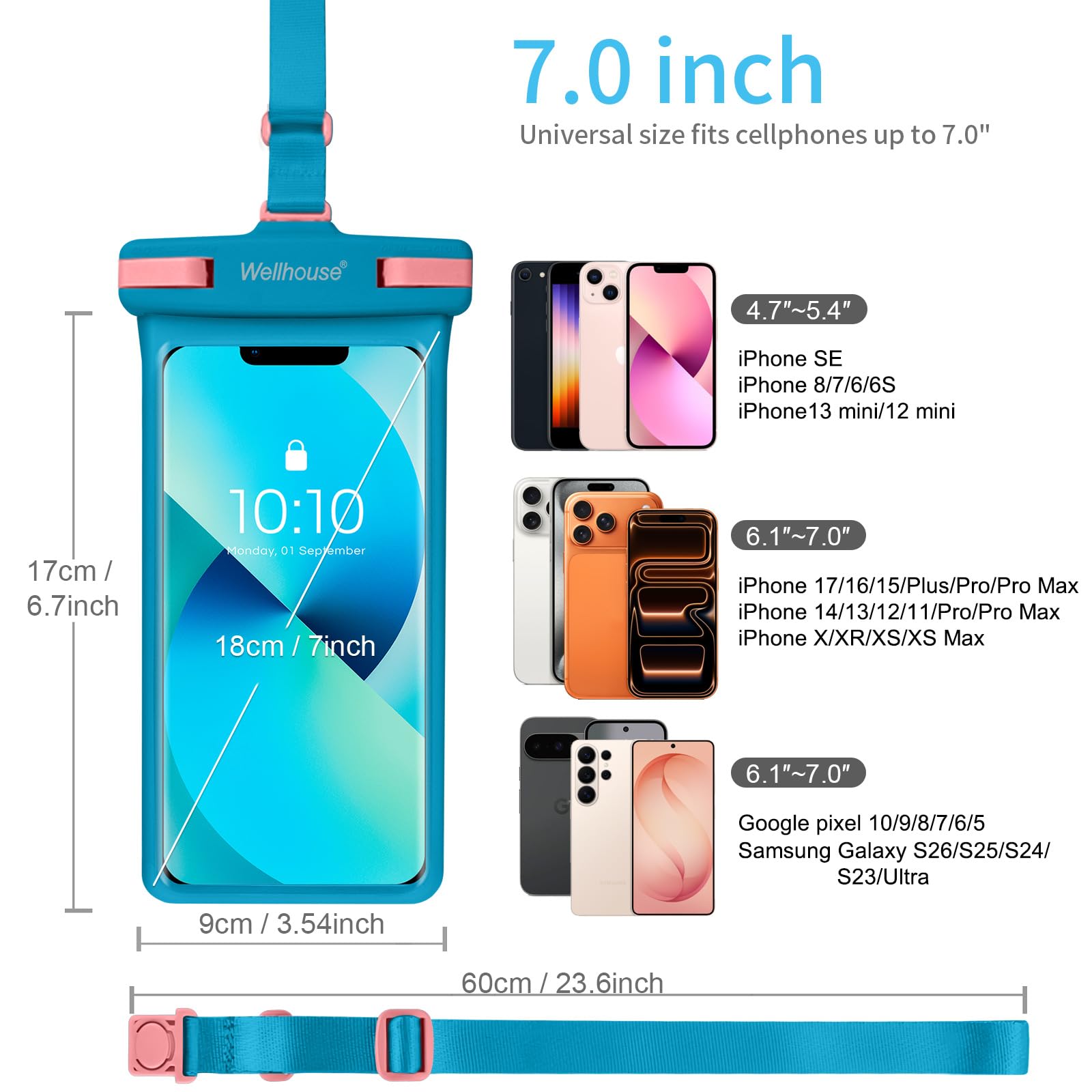 wellhouse custodia impermeabile smartphone universale con laccio IP8X per immersioni all'aperto spiaggia subacquea fino a 7,0 custodia subacquea 3D HD TPU antipolvere custodia impermeabile (Blu)