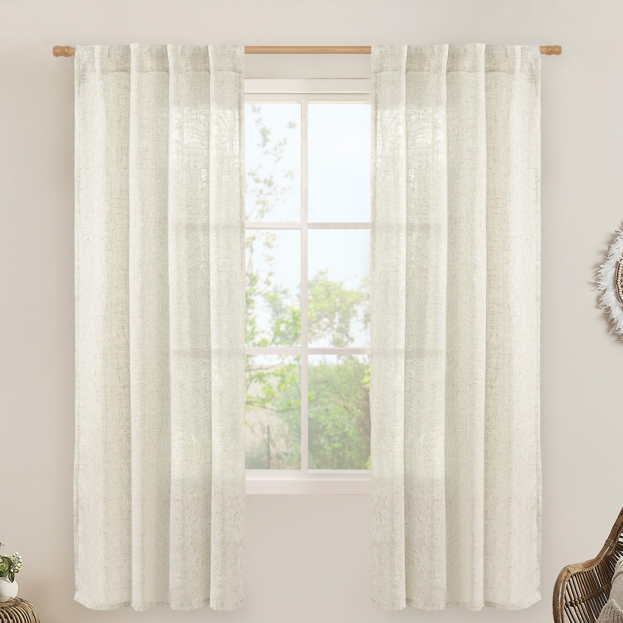 LAMIT Light Filtering Linen Curtains 72 inches Long for Bedroom, Linen Textured Semi Sheer Back Tab and Rod Pocket Natural Boho Drapes for Living Room, Natural, 2 Panels, 34 x 72 Inch
