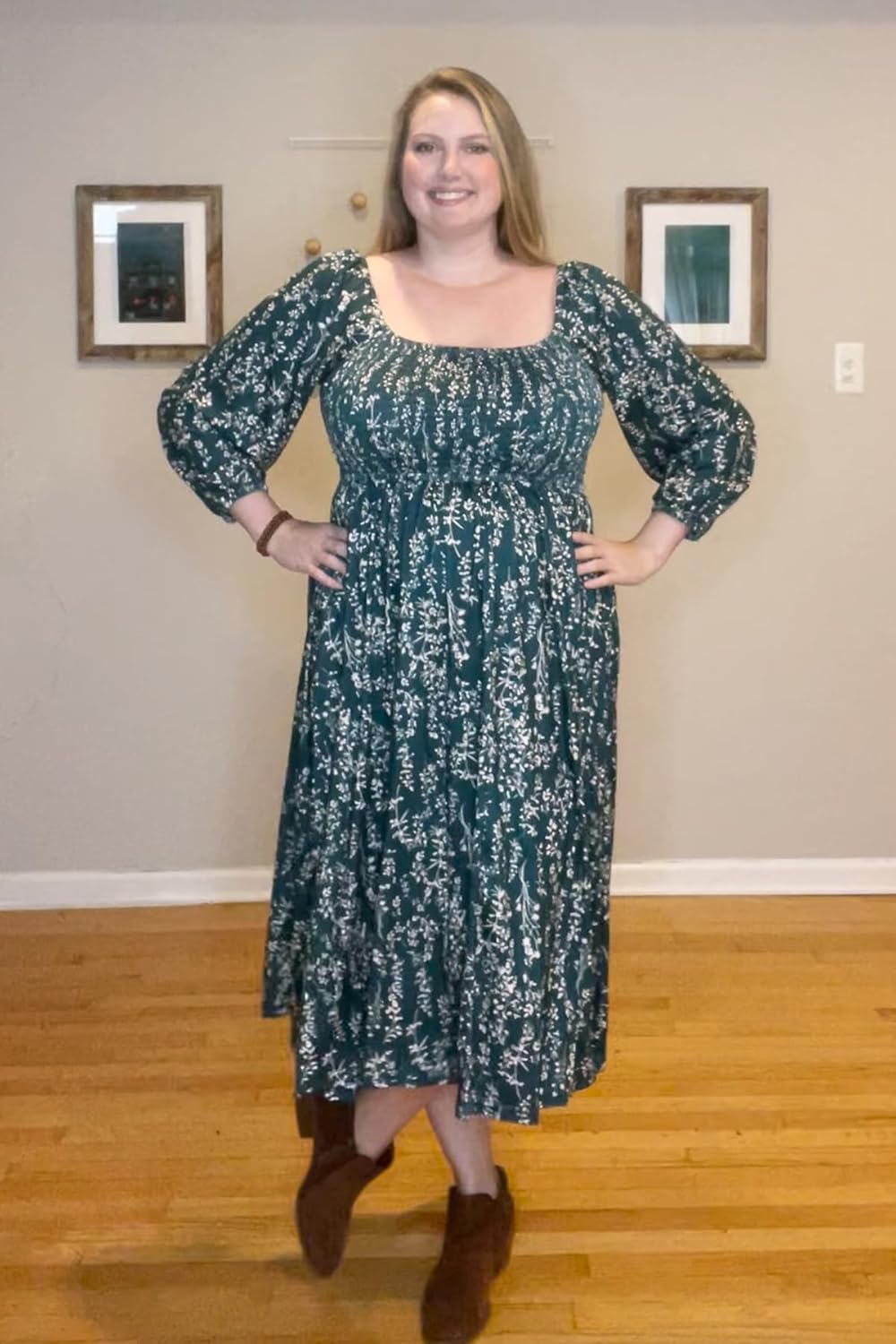 RITERA Plus Size Dresses for Curvy Women Square Neck Fall Long Sleeve Floral Smocked Maxi Dress with Pocket XL-5XL - Image 2