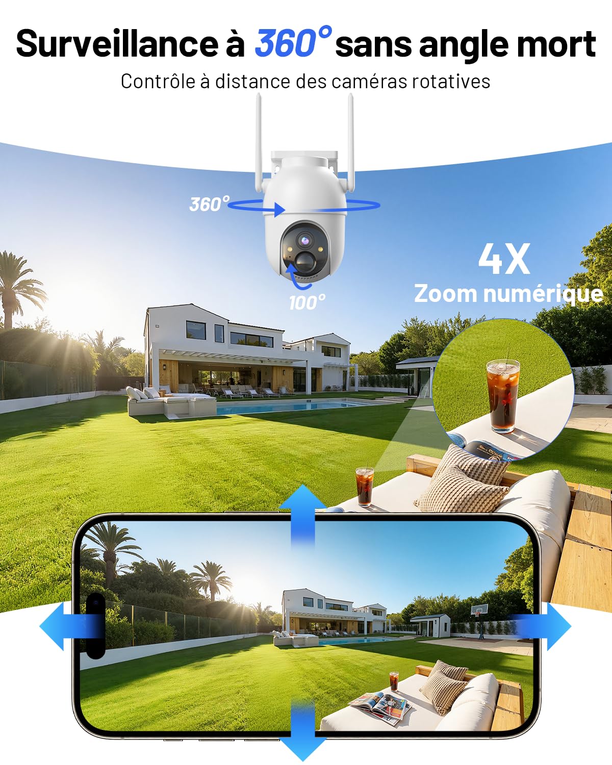 2K Camera Surveillance WiFi Exterieure sans Fil Solaire, Kit 2 Caméras avec Base, 32 Go de Stockage Local, sans Abonnement, 360° Panoramique, Alerte, Vision Nocturne en Couleur, 2,4/5Ghz WiFi