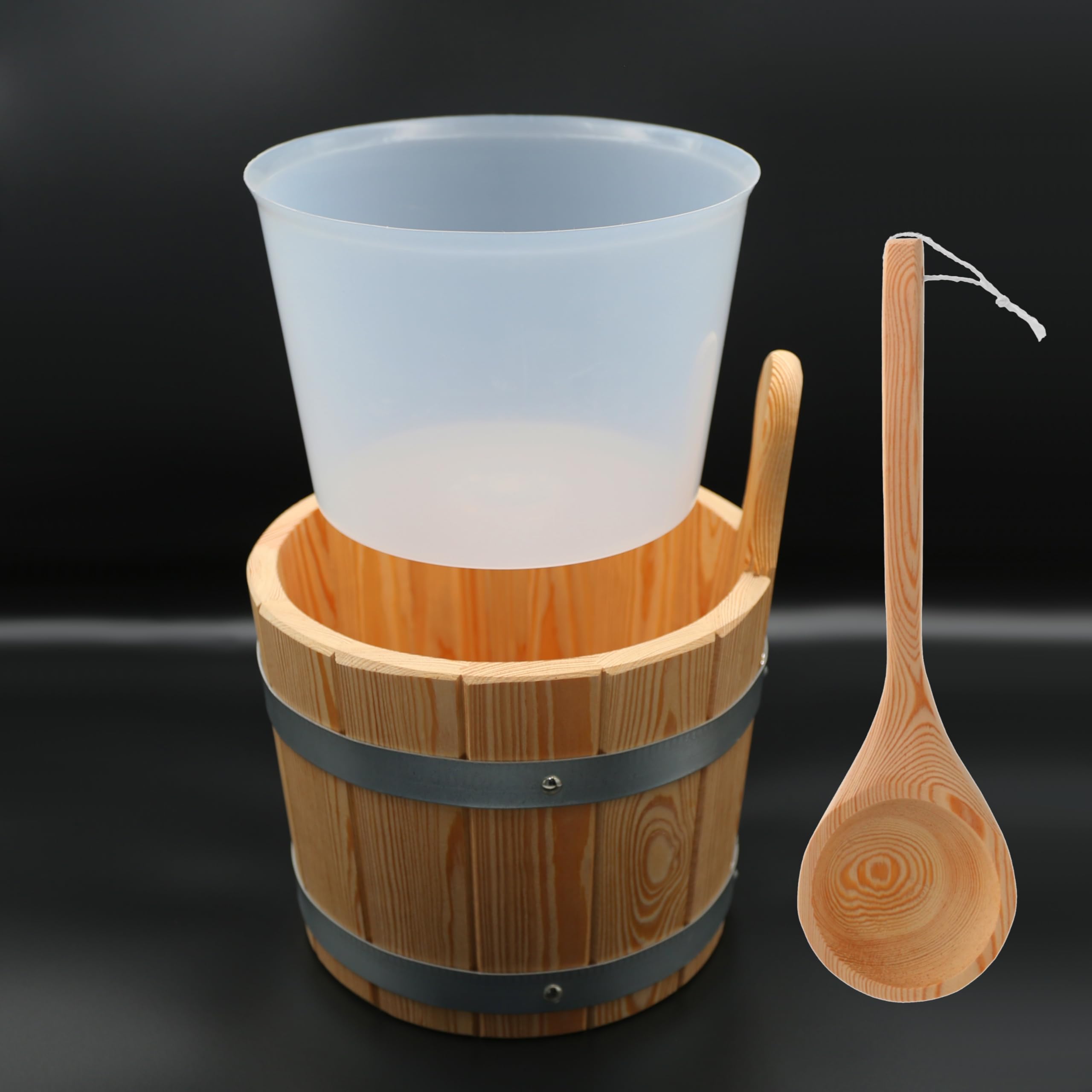 HAF Saunakübel Set Lärche 5 Liter mit Einsatz und 40cm Saunakelle aus Kiefernholz | Feuchtigkeitsresistenter Aufgusseimer | Hochwertiges Sauna Zubehör | Qualität: Made in German