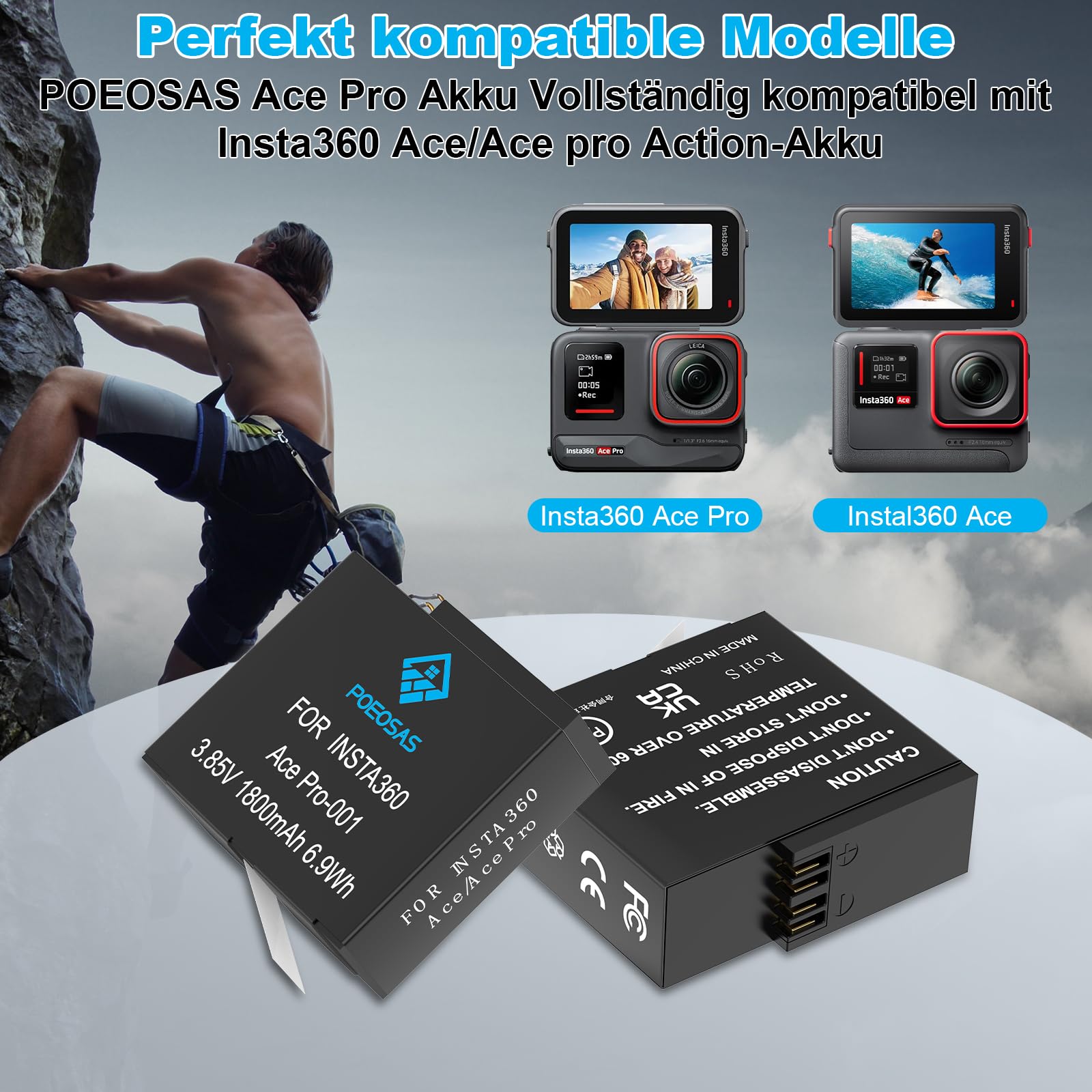360 Ace Pro Ersatz Akku, 2 Pack 1800mAh Akkus mit 3-Slot LCD Ladegerät Kit Kompatibel mit insta360 Ace Pro/Ace Pro 2 Kamera, Akku Schutzhülle*2 für insta360 Acepro Kamera