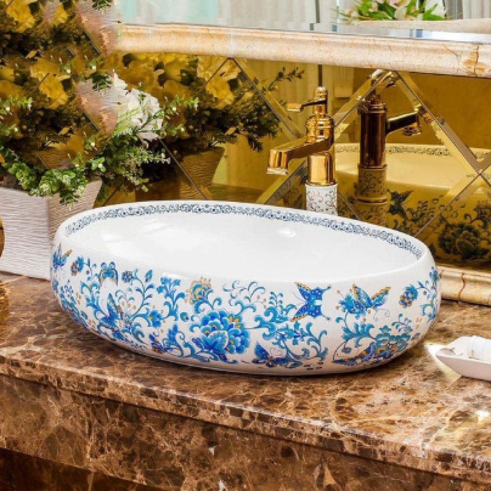 Gljtuo A Round Vessel Sink,Bathroom Bove Counter Rtistic Bowl With White Faucet Nd Pop Up Drain,Ceramic Rt Basin Lavatory Vanity Sinks,-B