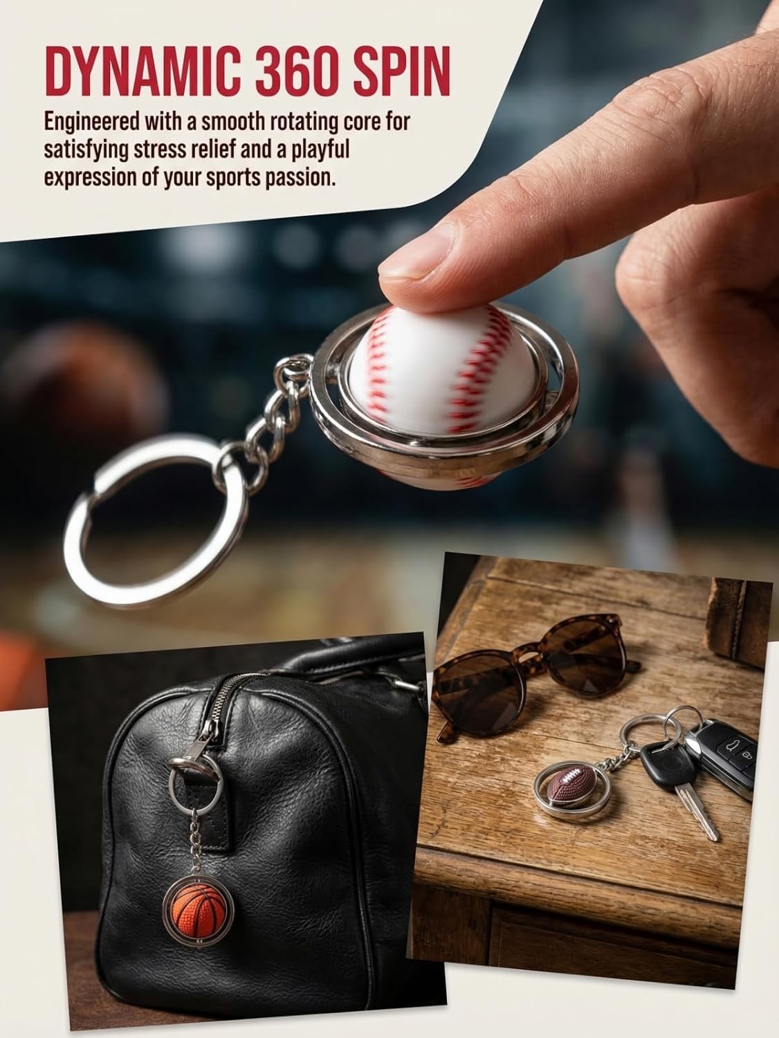 2 Pieces Rotating Basketball Keychain - 3D Spinning Basketball Charm Keyring for Sports Fans