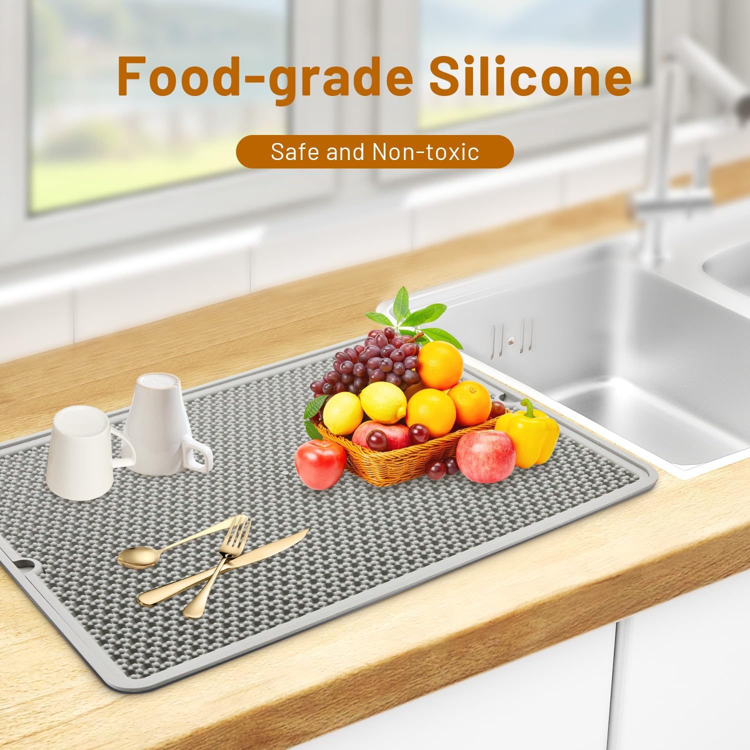 Large 20"x15" Dish Drying Mat for kitchen Counter | Super Absorbent, Food-Grade Silicone, Double-Layer Design, Non-Slip & Easy to Clean | Drainer Pad for Sink, Coffee Machine & Drying Rack | Grey