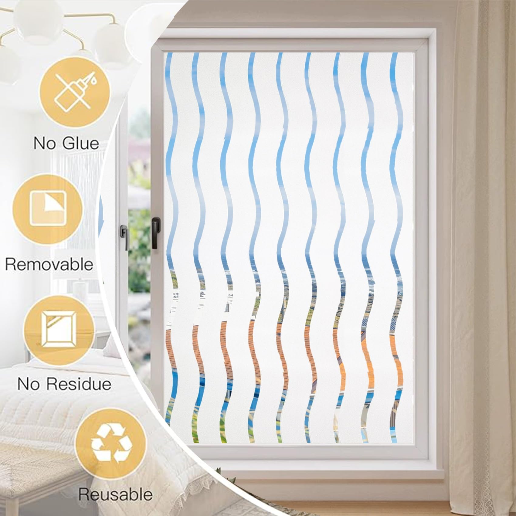 Film pour Fenêtre Occultant 80 x 1000 cm, Fenetres Auto-Collant, Anti Regard, Anti-UV, Protection de Soleil, Film Transparent Autocollant, avec Outil, pour Salle Bain, Vague