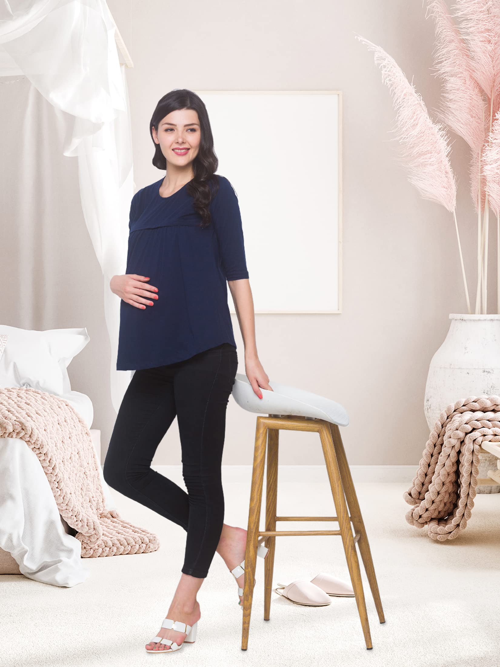 AV2 Women's Cotton Nightwear Maternity Feeding Nursing Regular Fit Tunic Top (Navyblue,XL) 4