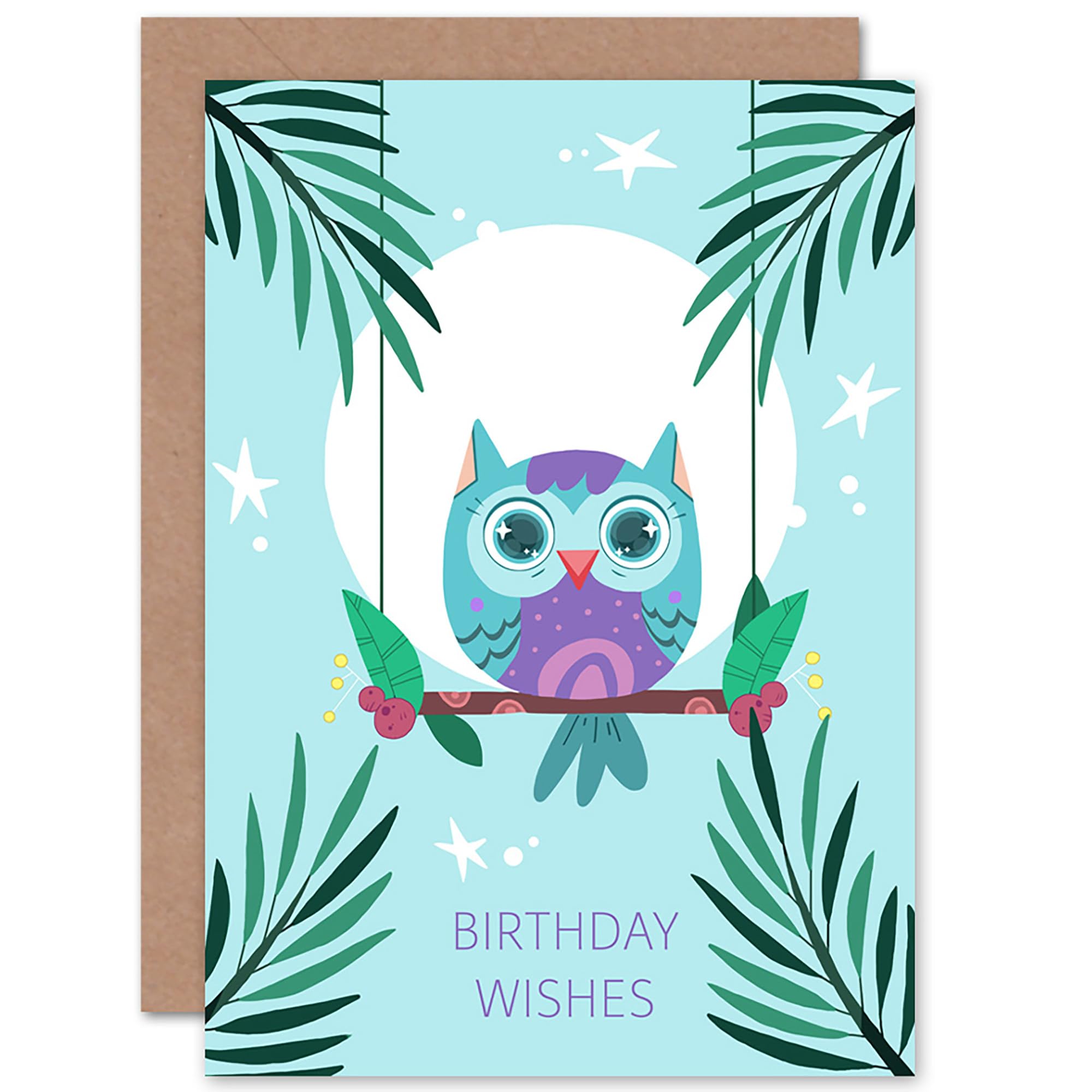 Wee Blue Coo Kawaii Owl Perch Birthday Wishes Greeting Card With Envelope Blank Inside Premium Quality