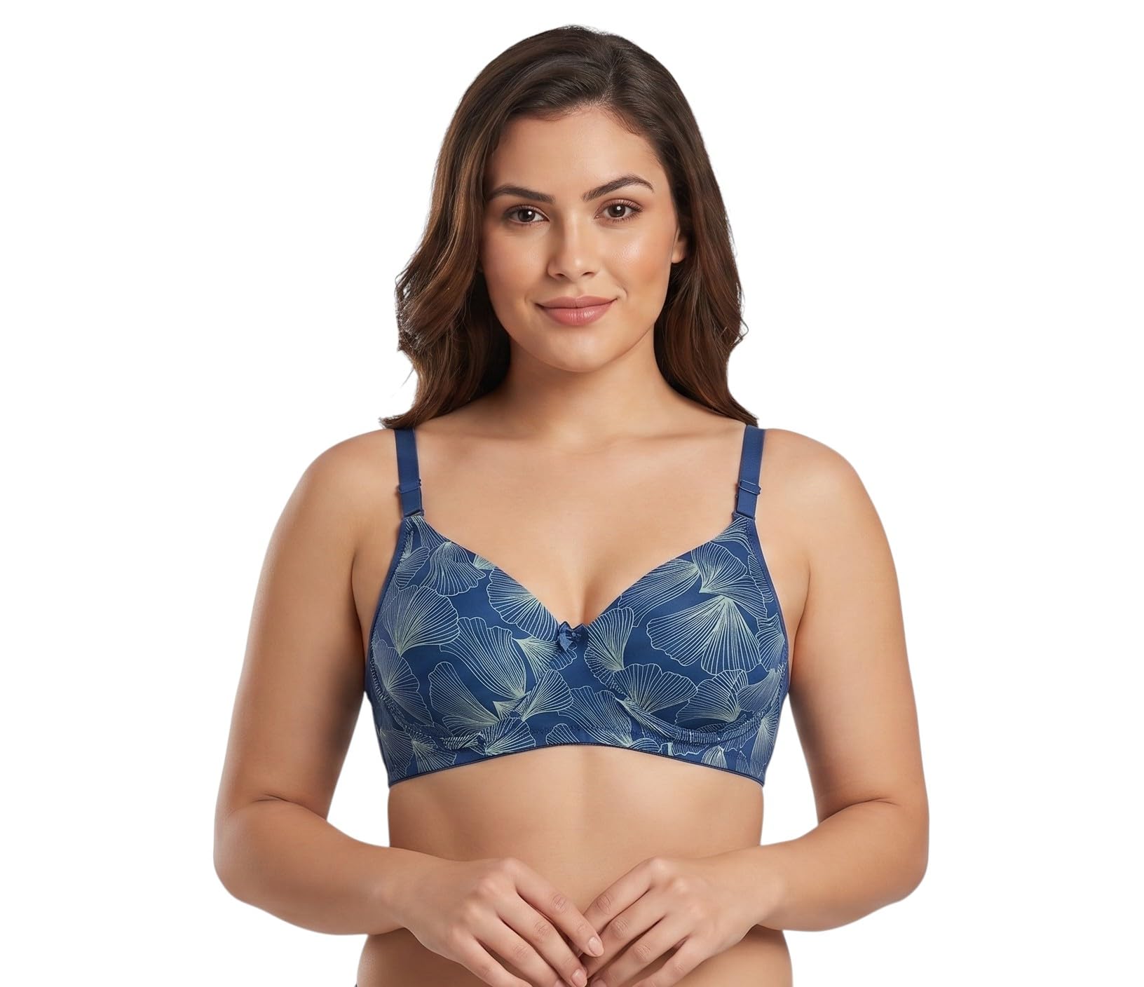 Women's Seamless Padded Non-Wired T-Shirt Bra, Full Coverage Microfiber Brassiere with Adjustable Straps, Soft Stretch Fit, Blue Leaf Print Lingerie for Women, Everyday Comfort and Casual Use-image-6