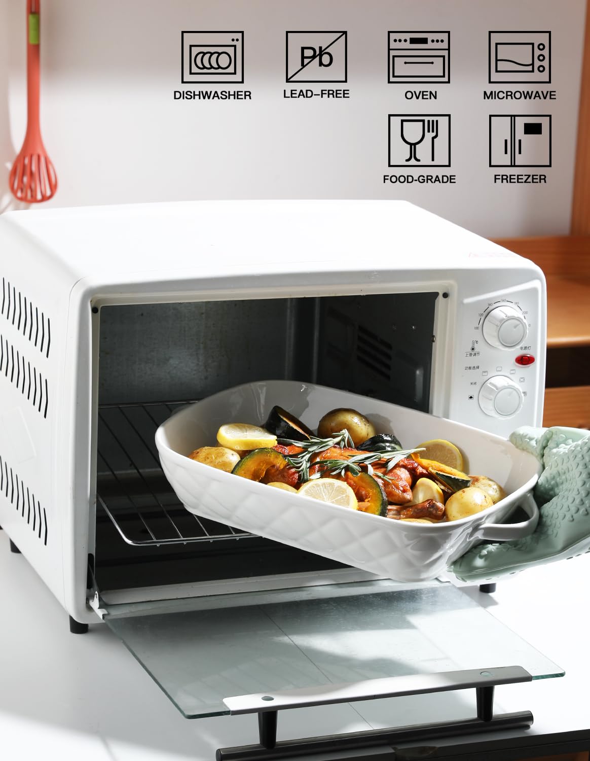 Sweejar Cacerola de cerámica para horno, con asas, rectangular, para lasaña, juego de 3 piezas para hornear, cazuela, cocina, color blanco (12.2 x 9.25 x 2.56 pulgadas)