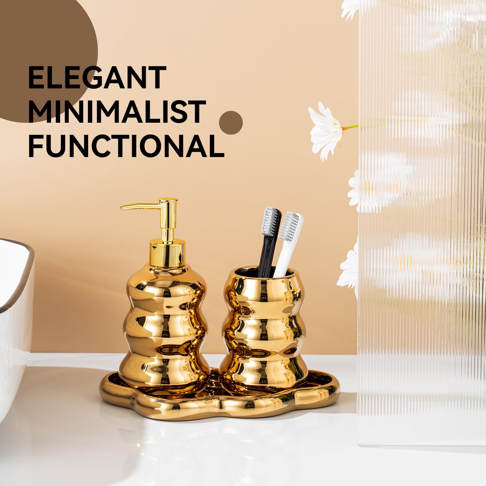 Bathroom Accessory Set, 3-Piece Ceramic Bath Accessories Set with Tray, Lotion Dispenser, and Tumbler