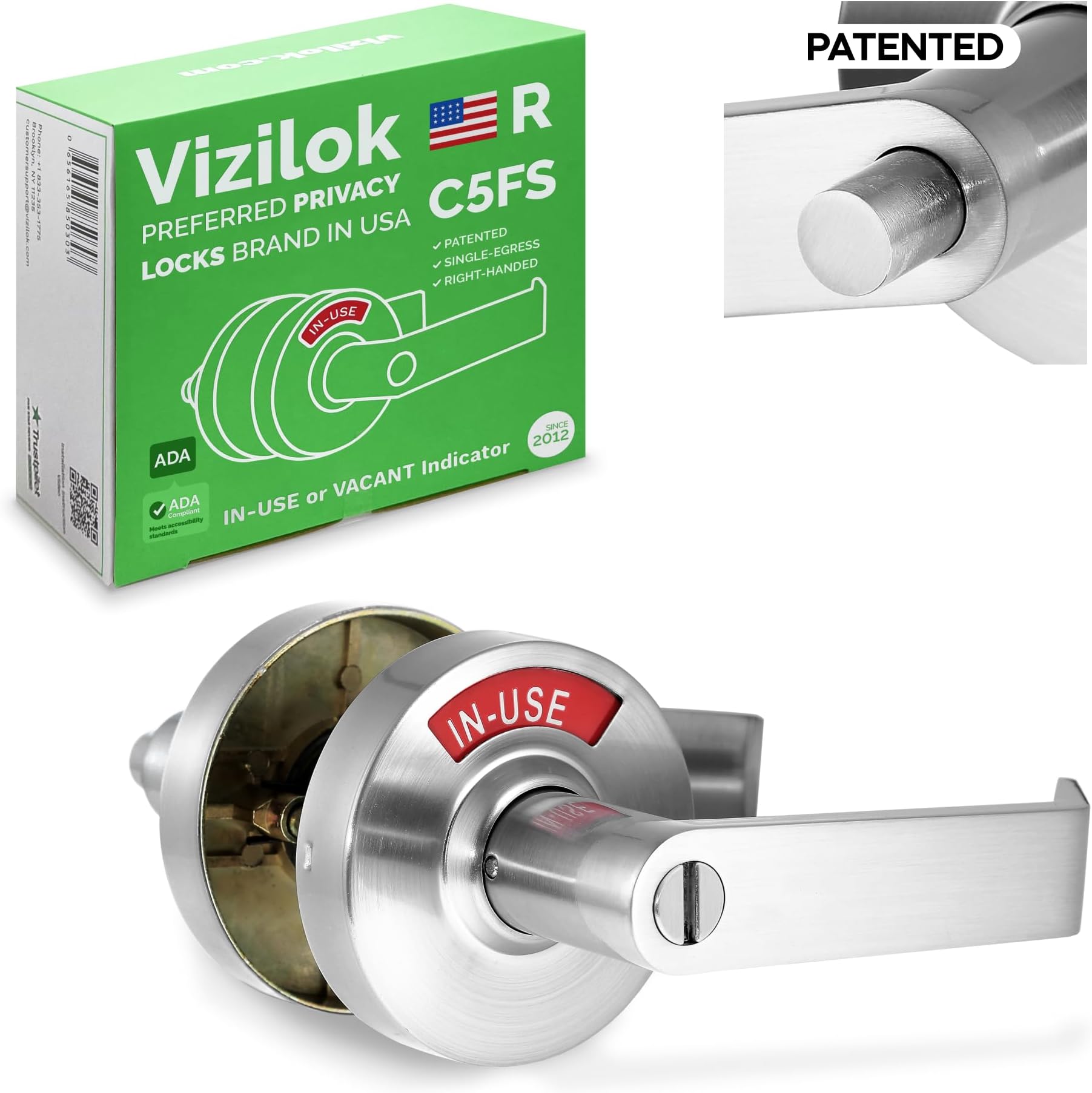 VIZILOK ADA Compliant, Single Egress Indicator Privacy Lock C5FS-R Durable ANSI Grade 2 Comp Commercial RightHanded Non Reversible in-Use or Vacant Push Button Lever - Satin Chrome