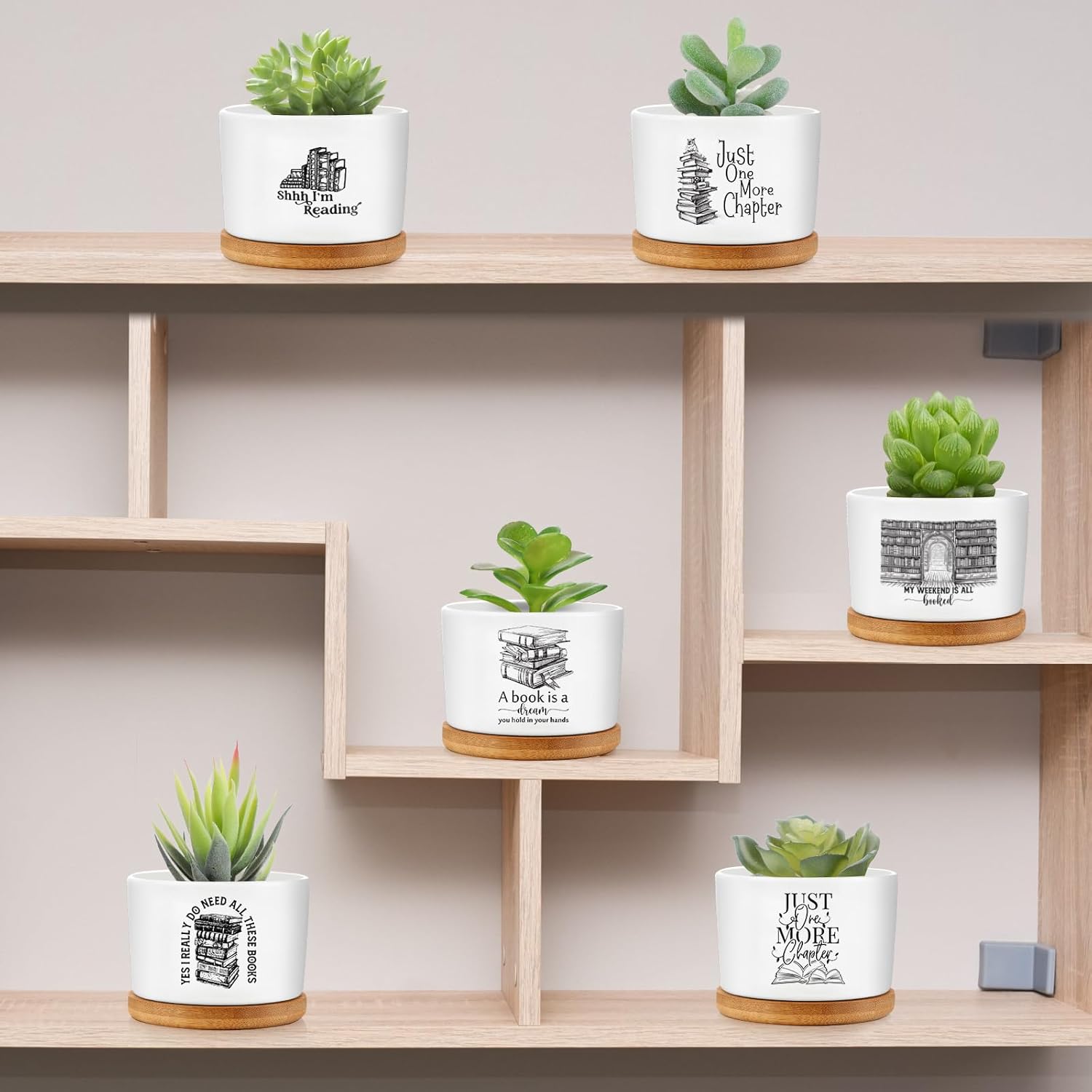 Havawish 6 Pcs Book Lover Gifts Planter Pots for Women Reading Quotes Mini Ceramic Succulent Pot with Bamboo Tray Book Club Bookish Planters Thank You Gift, Library Teacher Gifts, Plants Excluded