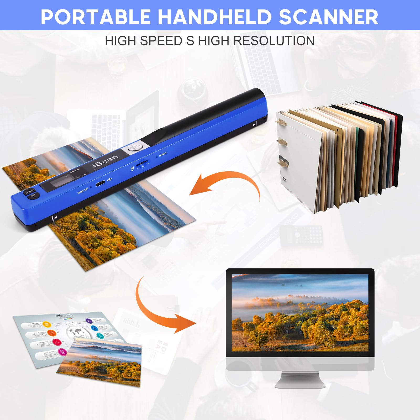 Tragbarer Dokumentenscanner Blau 900 DPI Handlicher USB-Bildscanner A4 Farbfoto Mobiler Scanner Praktischer Scanner (JPG/PDF-Format, Hochgeschwindigkeits-USB 2.0, Scanner + 16GTF-Karte)