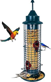 Bird Feeders ,4 feeding ports，squirrel proof bird feeders for outside hanging, Outdoor Birds Feeders Wild Bird Seed, Garden Yard Ornamental Bird Feeder (Dark green)