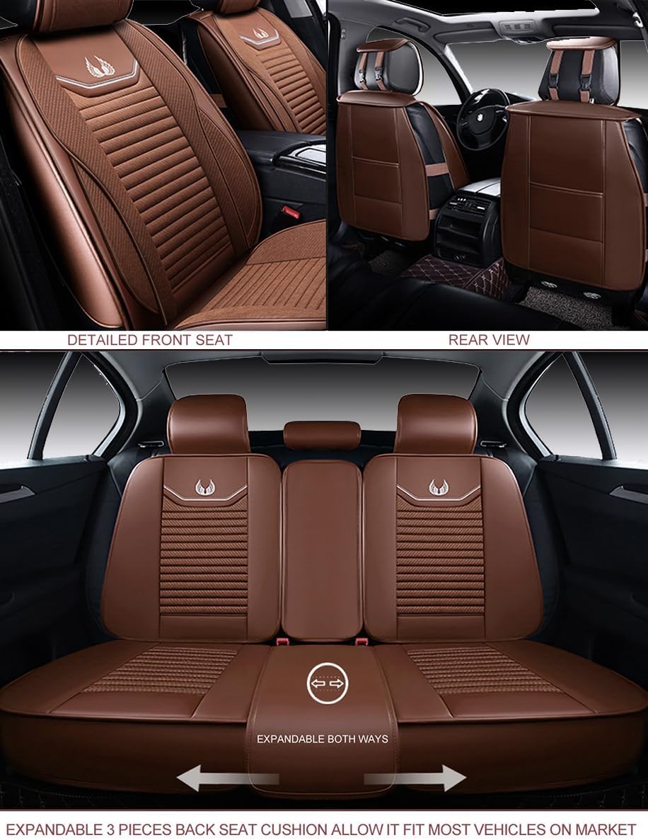 OASIS AUTO Car Seat Covers Premium Waterproof Faux Leather Cushion Universal Accessories Fit SUV Truck Sedan Automotive Vehicle Auto Interior Protector Full Set (OS-008 Brown)