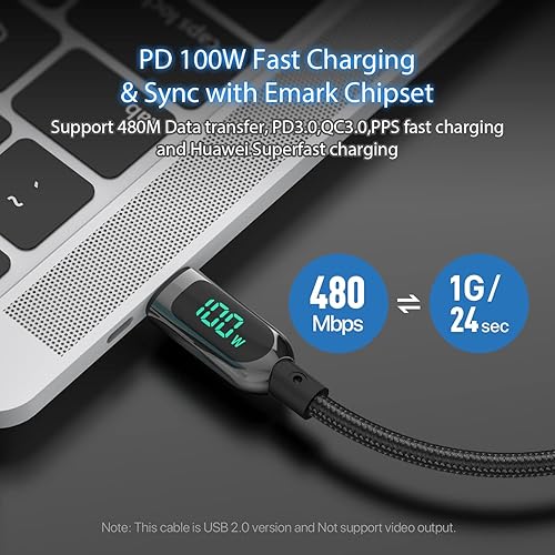 Miniatura 4 de SOOPII Cable USB C a USB C de 100 W y 10 pies de carga rápida, cable de nailon trenzado tipo C con pantalla LED para lPad AirLPad Pro, MacBook Pro,