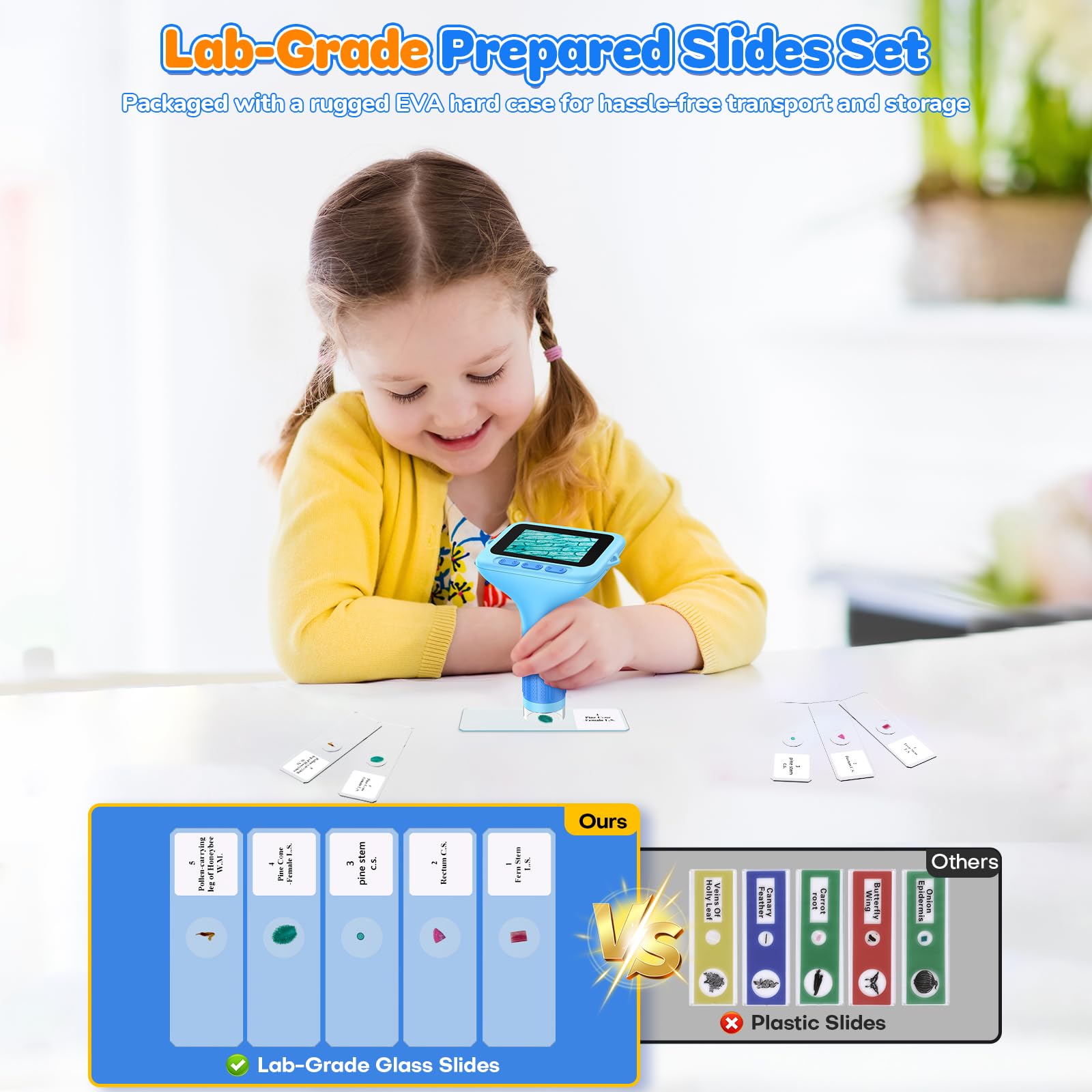 Microscopio Digitale Portatile Bambini: Schermo da 3,0" 1000X Ricaricabile Microscopio Portatile - 5 Lamine Vetro Lab per Bambini Esploratori 6-12 Anni, Viaggio Scienza Casa