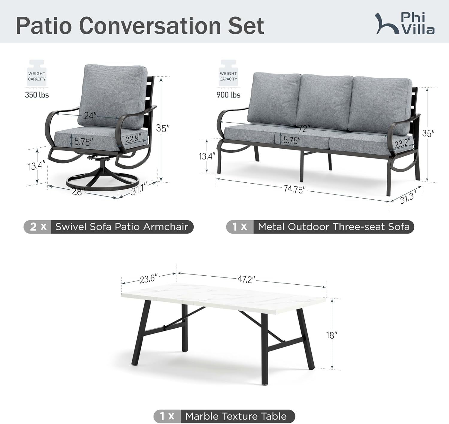 PHI VILLA 4 Piece Patio Furniture Sets for 5 Person with 1 x 3-Seat Deep Seating Bench, 2 x Cushioned Swivel Sofa Chairs & 1 x Coffee Table, Outdoor Metal Conversation Set for Lawn Garden,Grey