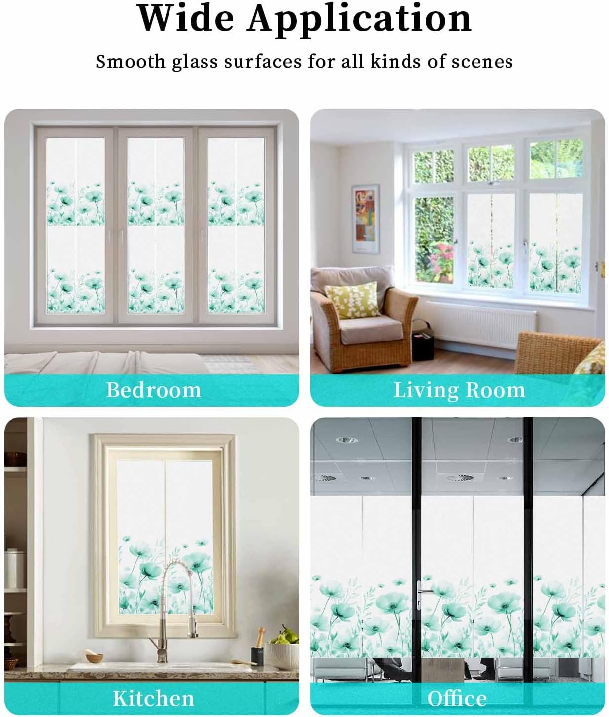 Blue Aqua Green Floral Window Privacy Film,Botanical Flower Plant Herb Watercolor Frosted Glass Static Cling,UV Sun Blocking Heat Control Window Tint,Bathroom Office Decorative Cover 35.4x78.7In
