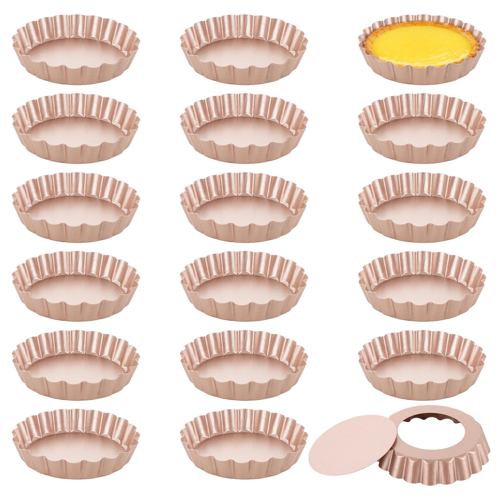 18 latas para tartas de 4 pulgadas con parte inferior extraíble, antiadherentes de acero al carbono, mini latas de tartaleta estriadas para hornear, latas pequeñas para quiche, tartas