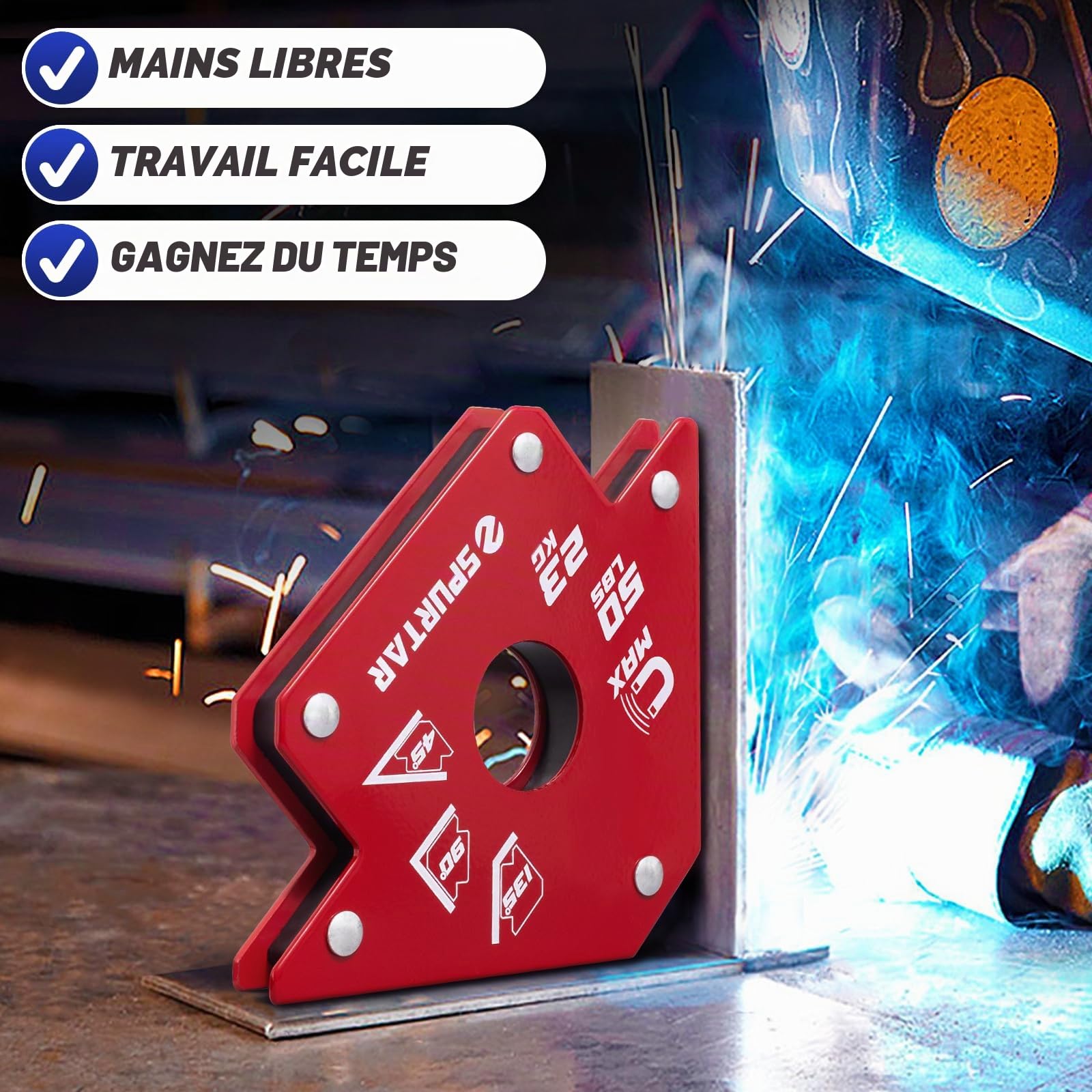 Spurtar 4Pcs 23kg/50lbs Flèche Aimants Soudure Solides Travail du Métal Outils Mig et Équipement Pinces De Soudage Magnétiques Soudeur Atelier Soudage, Aimant Angle 45, 90, 135 Degrés