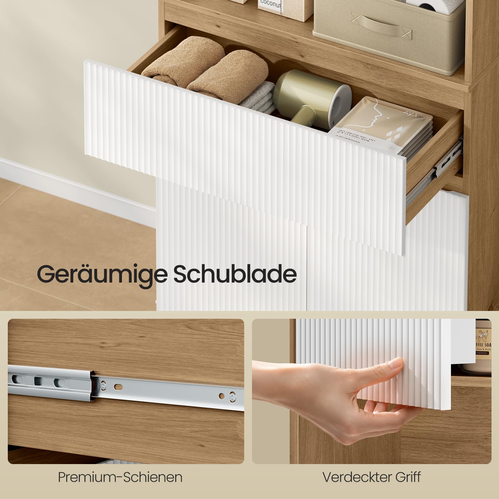 EUGAD Badezimmerschrank hoch, Badschrank, Mit 4 Türen, 1 offenem Fach, 1 Schublade, verstellbaren Einlegeböden, 70 x 176,5 x 40 cm, für Bad Wohnzimmer Küche, Weiß+Holzoptik