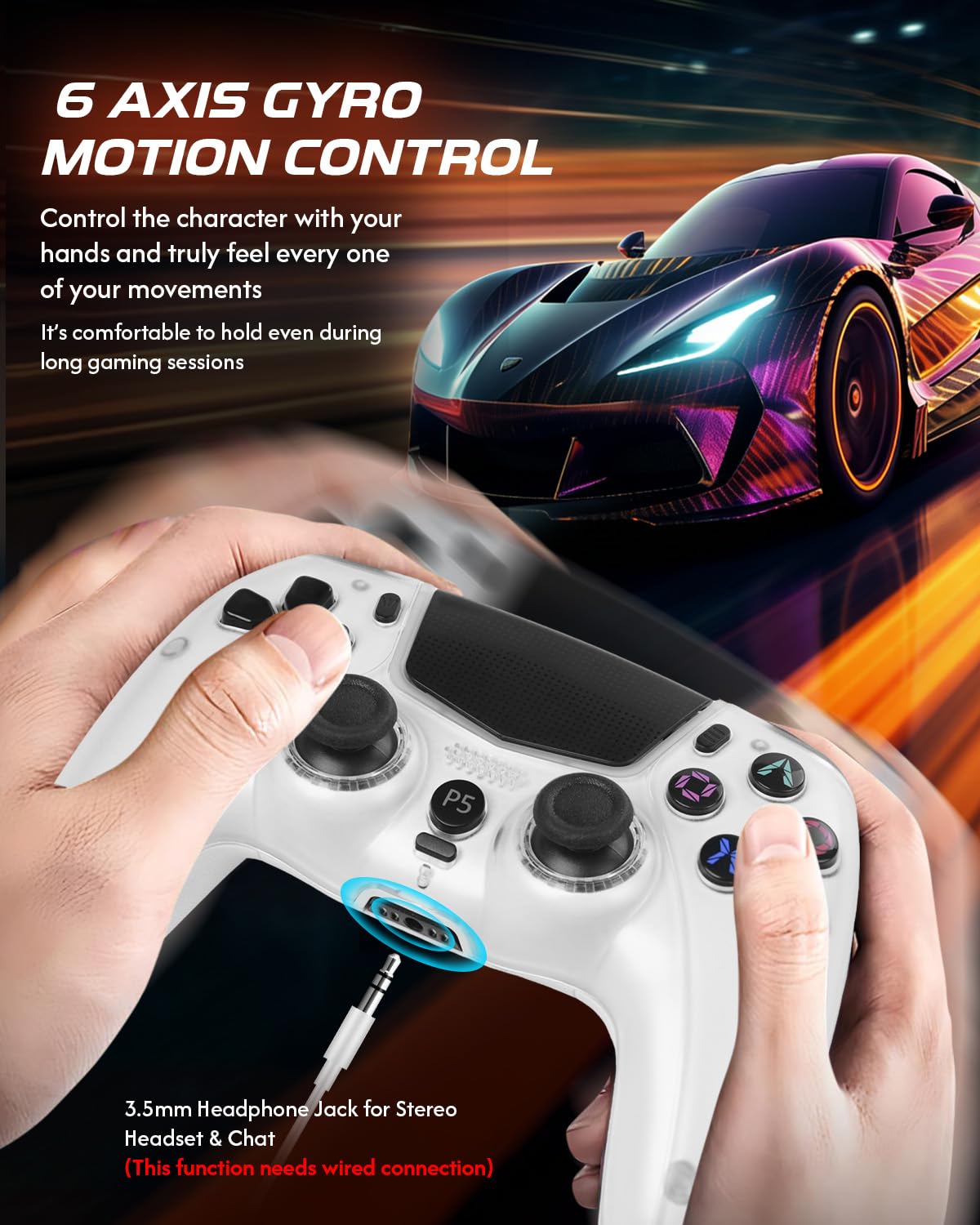 MTEZIZ Mando Inalámbrico para PS-5/PC/MAC/iOS/Android/Steam Deck, Gamepad con Doble Vibración/Conector para Auriculares