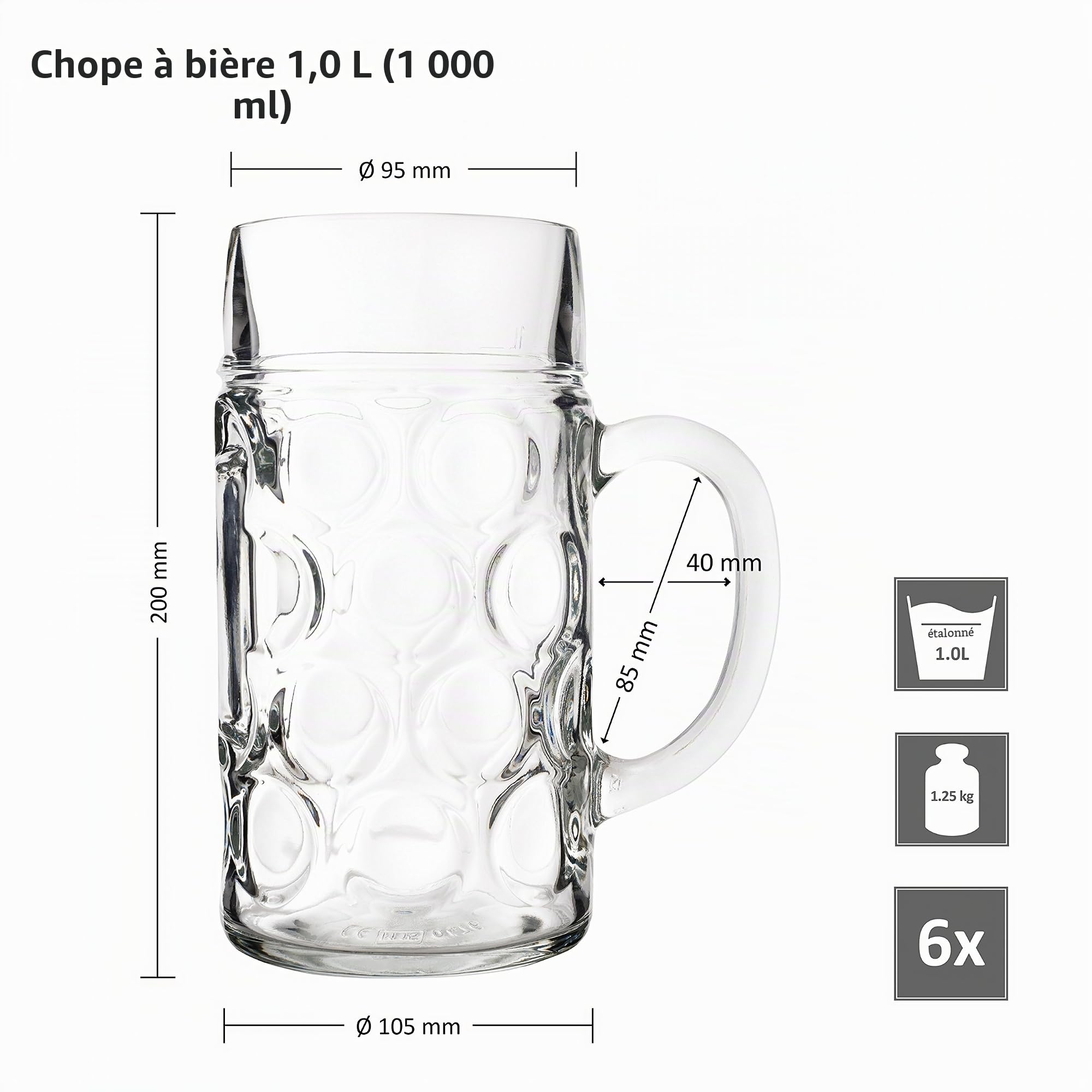 VAN WELL Lot de 6 chopes à bière Wellco de 1 L en Verre Calibrées