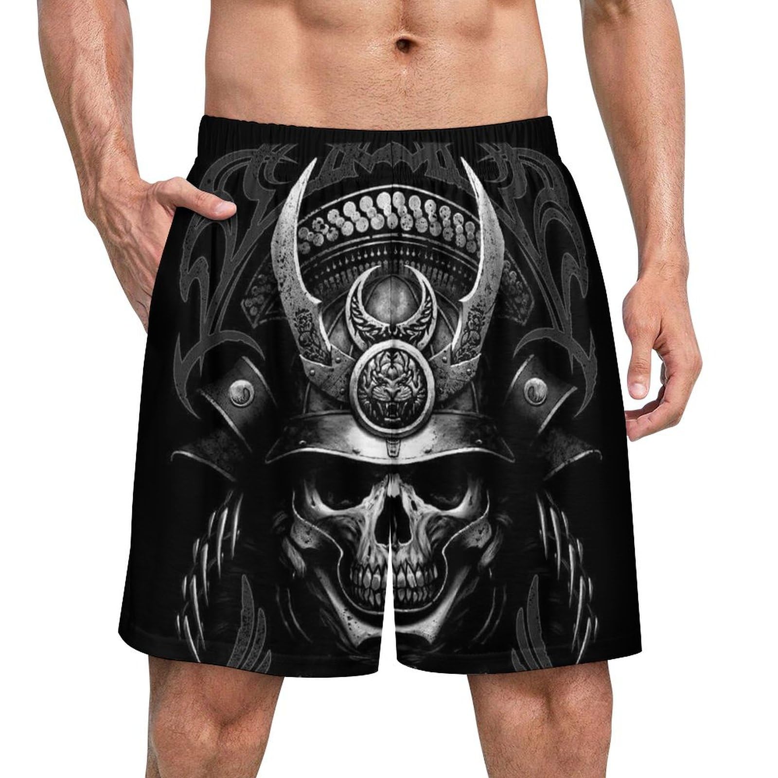 Anceky Men's As Pic Samurai Skull Satin Pajama Boxer Shorts Silk Feeling Lounge Sleep Underwear